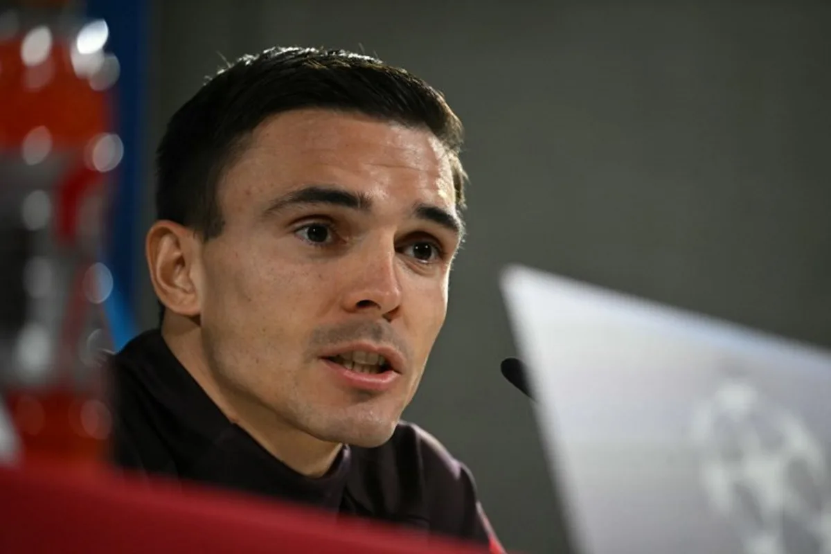 Bayern Munich's midfielder Joao Palhinha delivers a press conference on the eve of the UEFA Champions League football match FC Bayern Munich vs SL Benfica in Munich, southern Germany, on November 5, 2024.  Tobias SCHWARZ / AFP