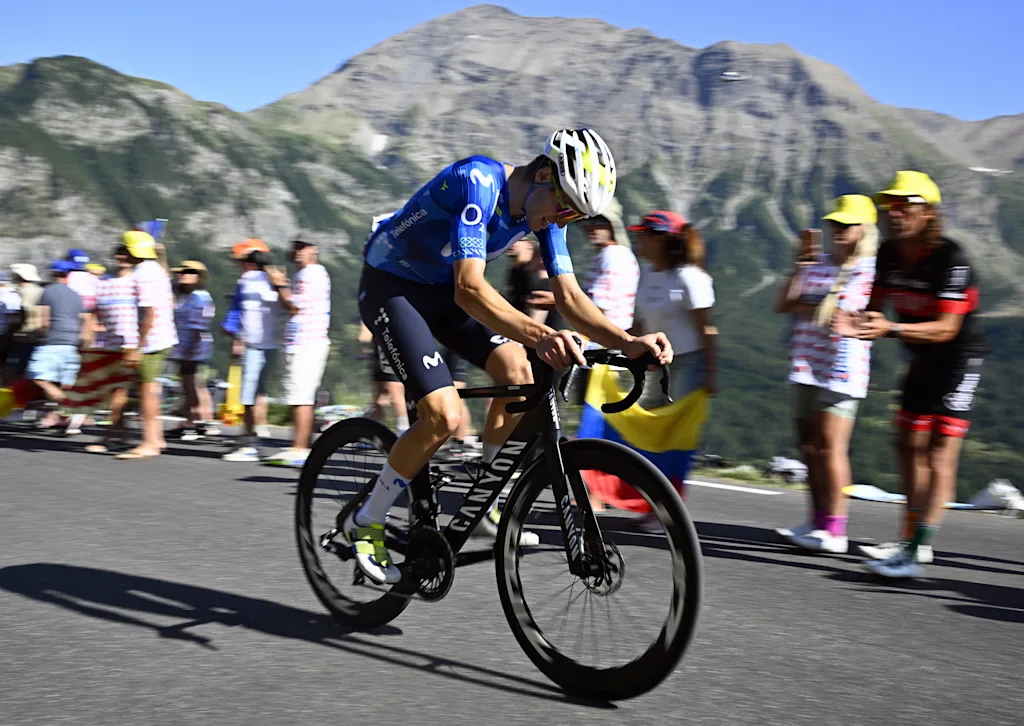 Spanish Pablo Castrillo of Movistar Team pictured in action during stage 18 of the 2026 Tour de France cycling race, a stage of 185km from Voiron to Orcieres-Merlette, on Thursday 23 July 2026. The 113th edition of the Tour de France starts on Saturday 4 July in Barcelona, Spain, and will finish in Paris, France on the 26th of July. BELGA PHOTO JASPER JACOBS