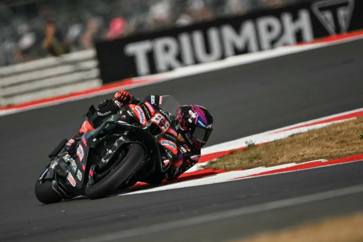 Aprilia Racing's Spanish rider Jorge Martin takes part in the MotoGP Free Practice 2 on the second day of the MotoGP British Grand Prix weekend at Silverstone circuit, central England on August 8, 2026.  Glyn KIRK / AFP