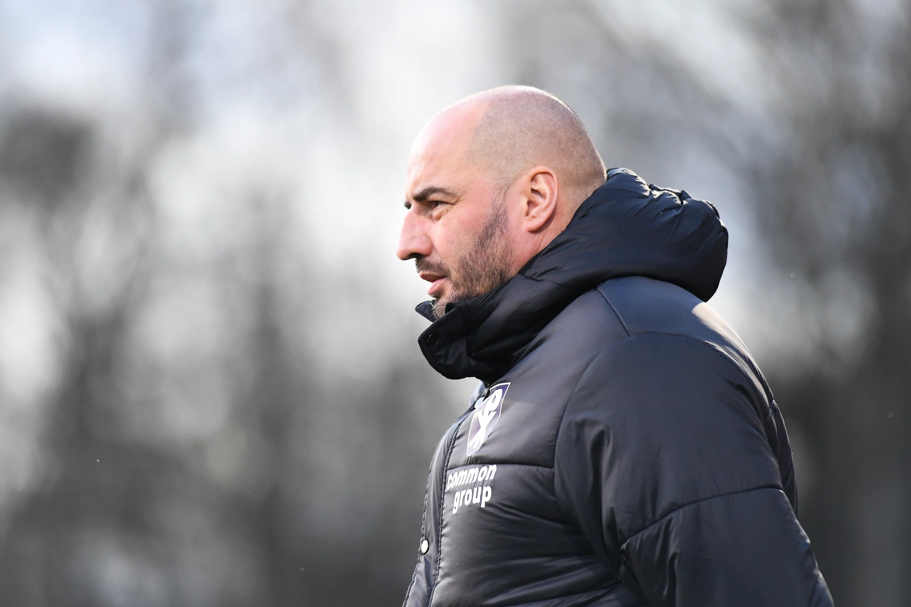 Patro Eisden's head coach Stijn Stijnen pictured during a soccer game between Patro Eisden and RFC Seraing, in Maasmechelen, on the day 16 of the 2024-2025 'Challenger Pro League' 1B second division of the Belgian championship, Sunday 22 December 2024. BELGA PHOTO JILL DELSAUX