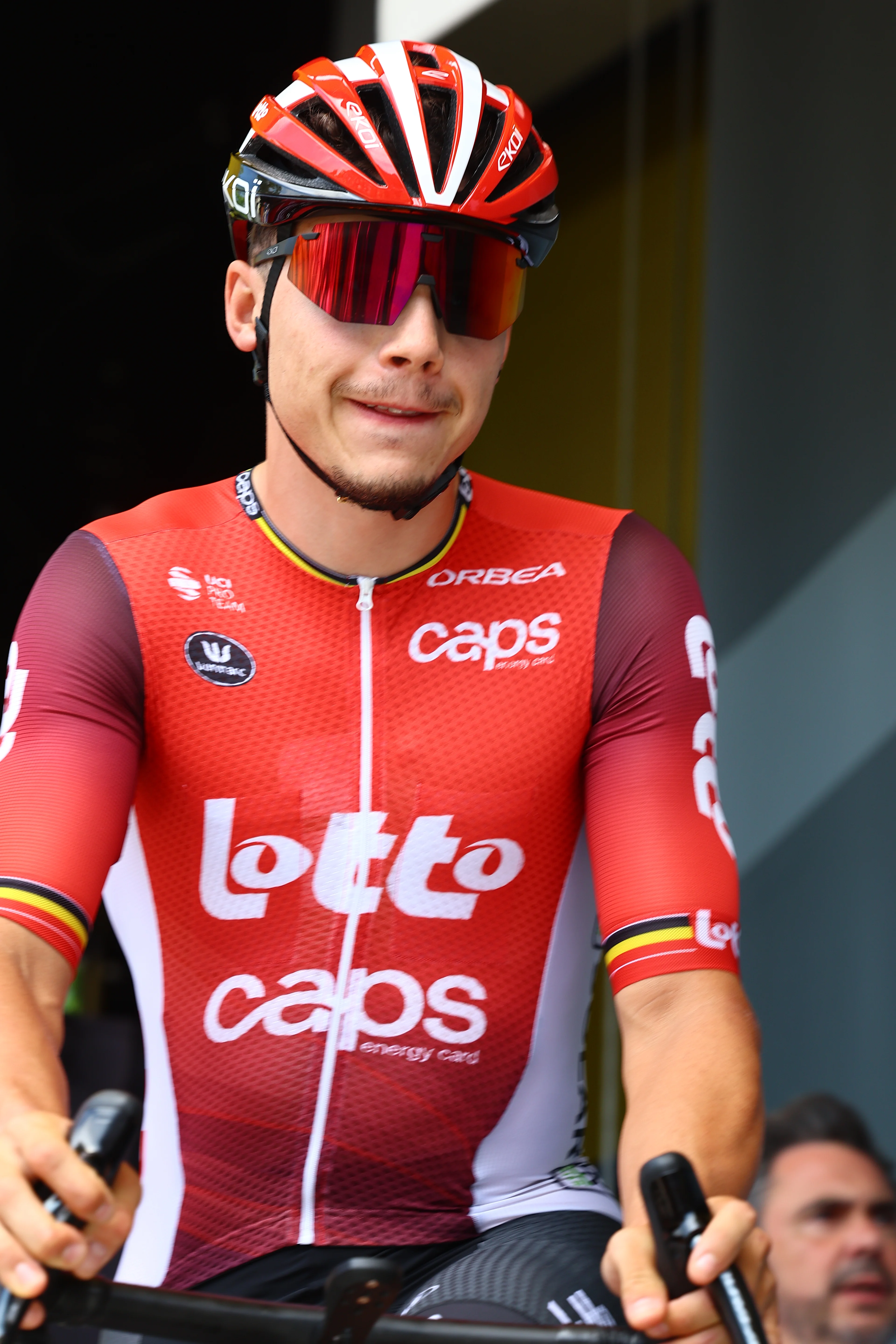 Belgian Arnaud De Lie of Lotto Cycling Team pictured at the start of stage 10 of the 2025 Tour de France cycling, from Ennezat to Le Mont-Dore Puy de Sancy (169 km), on Monday 14 July 2025 in France. The 112th edition of the Tour de France starts on Saturday 5 July in Lille, France, and will finish in Paris, France on the 27th of July. BELGA PHOTO DAVID PINTENS