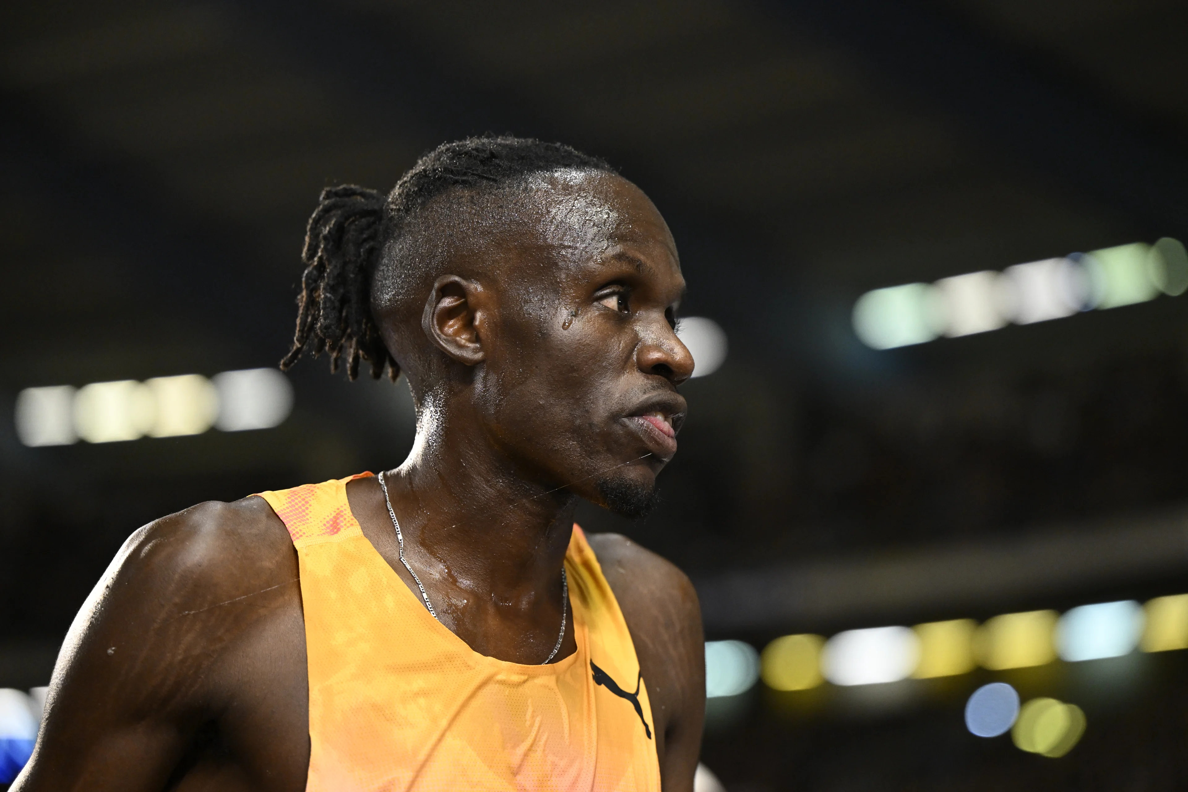 Belgian Isaac Kimeli reacts after the men's 5000m race, at the 48th edition of the Memorial Van Damme athletics event in Brussels, Friday 13 September 2024. The 2024 Allianz Memorial Van Damme Diamond League meeting takes place on 13 and 14 September 2O24. BELGA PHOTO TOM GOYVAERTS