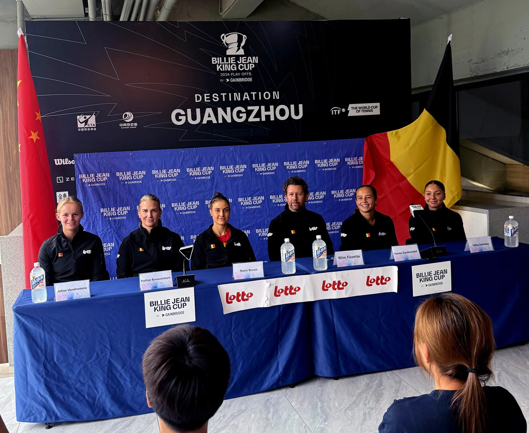 ATTENTION EDITORS - HANDOUT PICTURES, EDITORIAL USE ONLY  Handout pictures released on Wednesday 13 November 2024, by Belgian Tennis Federation  - shows Belgians Jeline Vandromme, Ysaline Bonaventure, Marie Benoit, team captain Wim Fissette, Hanne Vandewinkel and Sofia Costoulas during a press conference in preparation of the meeting between China and Belgium, in the play-offs of the Billie Jean King Cup tennis, in Guangzhou, China, on Wednesday 13 November 2024.    *** Belga and Belga Editorial Board decline all responsibility regarding the content of this picture. *** PHOTO BELGIAN TENNIS FEDERATION