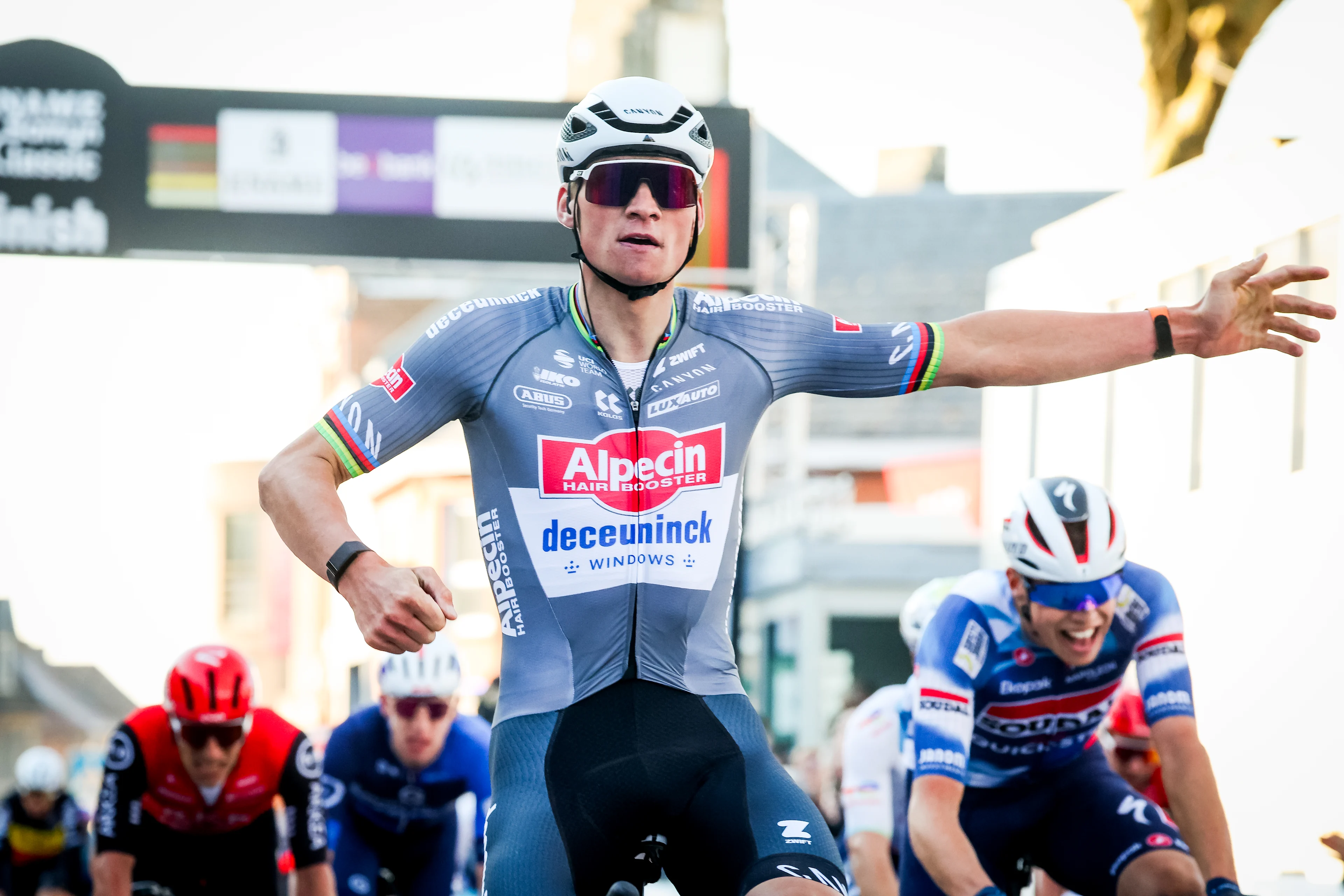 Dutch Mathieu van der Poel of Alpecin-Deceuninck celebrates as he crosses the finish line to win the 'Ename Samyn Classic' one day cycling race, 199,1km from Quaregnon to Dour on Tuesday 04 March 2025. BELGA PHOTO VIRGINIE LEFOUR