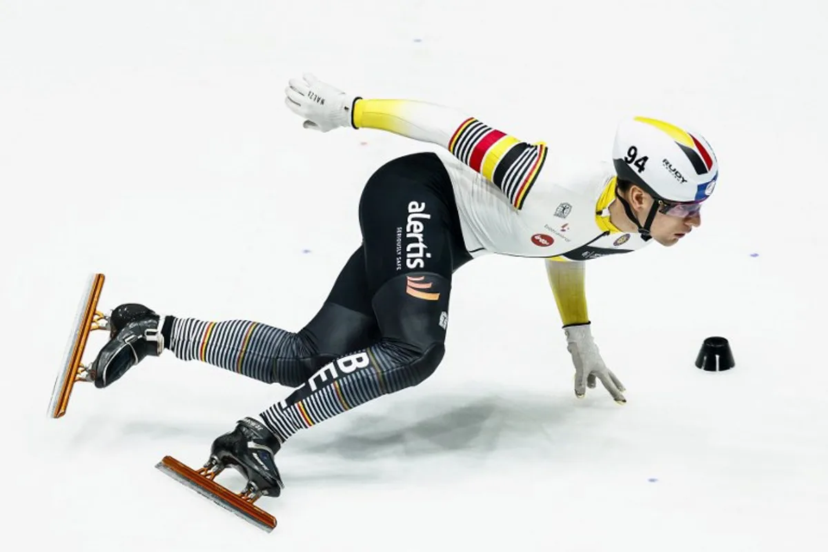 Belgium's Adriaan Dewagtere competes during the men's 500 meters' preliminary rounds of the at the World Short Track Championships in Ahoy's sport hall sport Hall in Rotterdam on March 15, 2024.  Koen van Weel / ANP / AFP