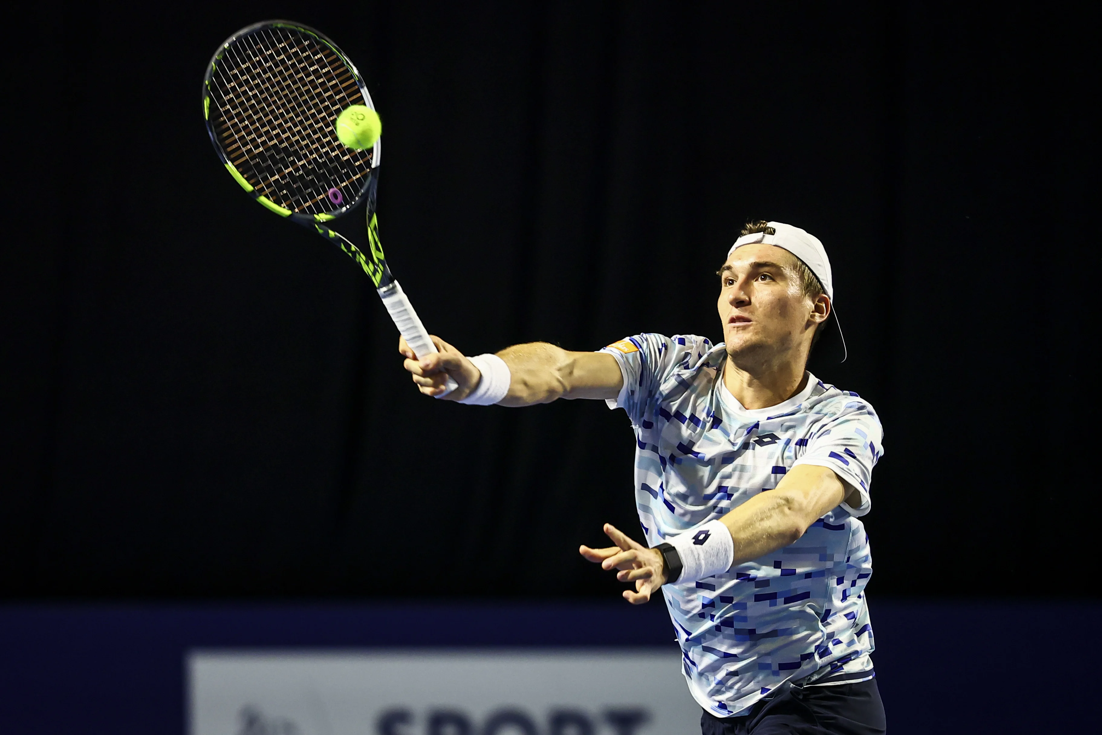 Belgian Alexander Blockx and Belgian Raphael Collignon pictured during a tennis match in the round of 16 of the doubles competition at the ATP European Open Tennis tournament in Antwerp, Wednesday 16 October 2024. BELGA PHOTO DAVID PINTENS