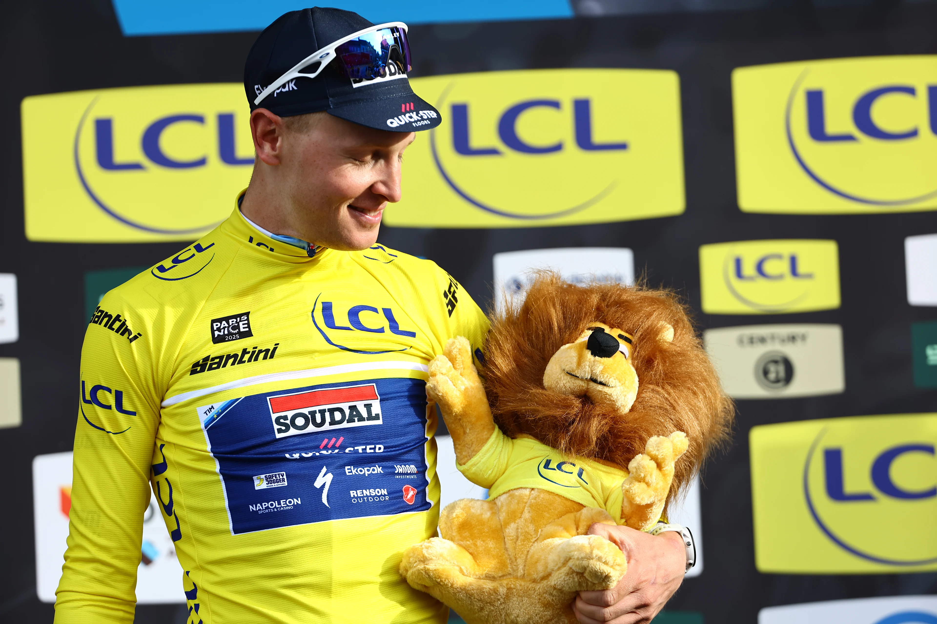 Belgian Tim Merlier of Soudal Quick-Step celebrates on the podium after winning stage two of the 83th edition of the Paris-Nice cycling race, from Montesson to Bellegarde (183,9 km) in France, Monday 10 March 2025. BELGA PHOTO DAVID PINTENS