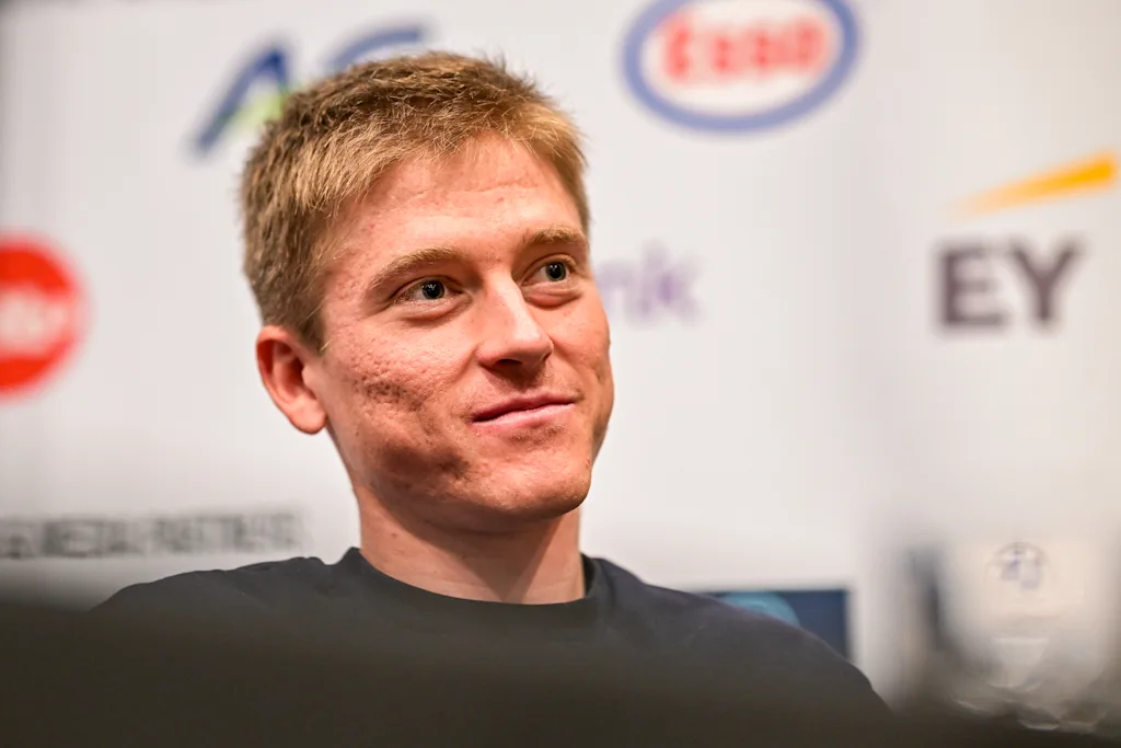 Belgian Jenno Berckmoes is pictured during a press conference ahead of the cycling European Championships, in Ljubljana, Slovenia, Friday 2 October 2026. The UEC road championships are taking place from 03 to 07 October. BELGA PHOTO DAVID PINTENS