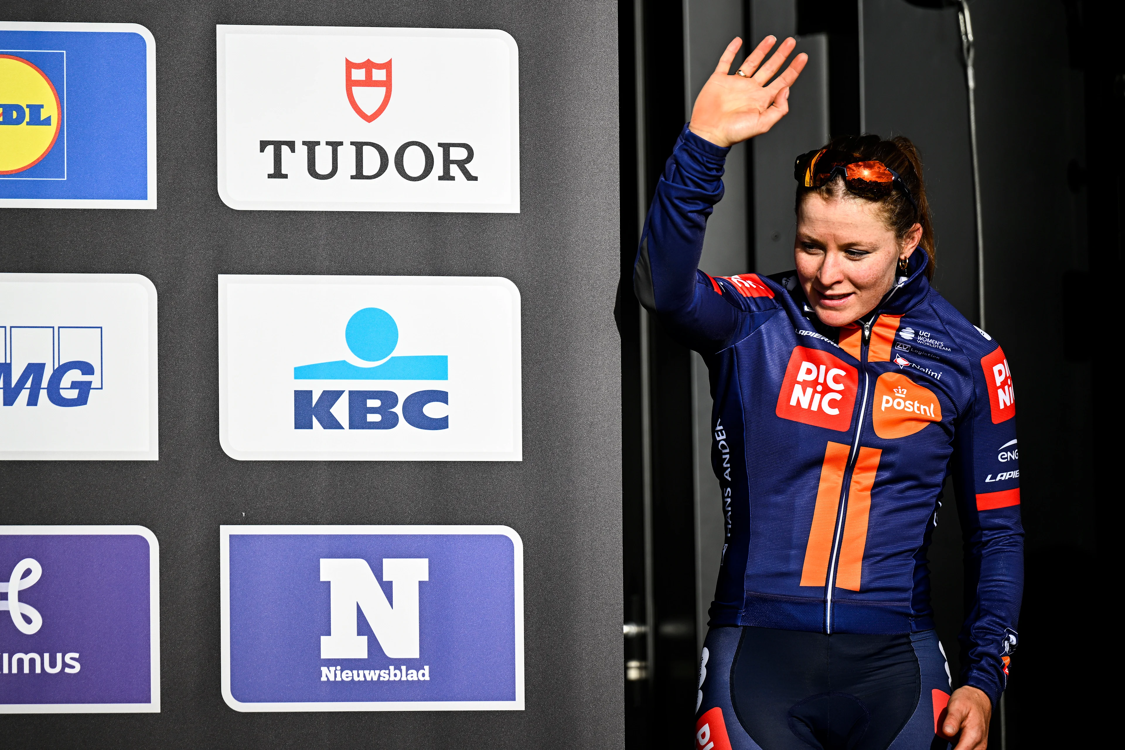 Dutch Charlotte Kool of Team Picnic PostNL pictured on the podium after the women elite 'Gent-Wevelgem - In Flanders Fields' one day cycling race, 169.1 km from Ieper to Wevelgem, Sunday 30 March 2025. BELGA PHOTO JASPER JACOBS