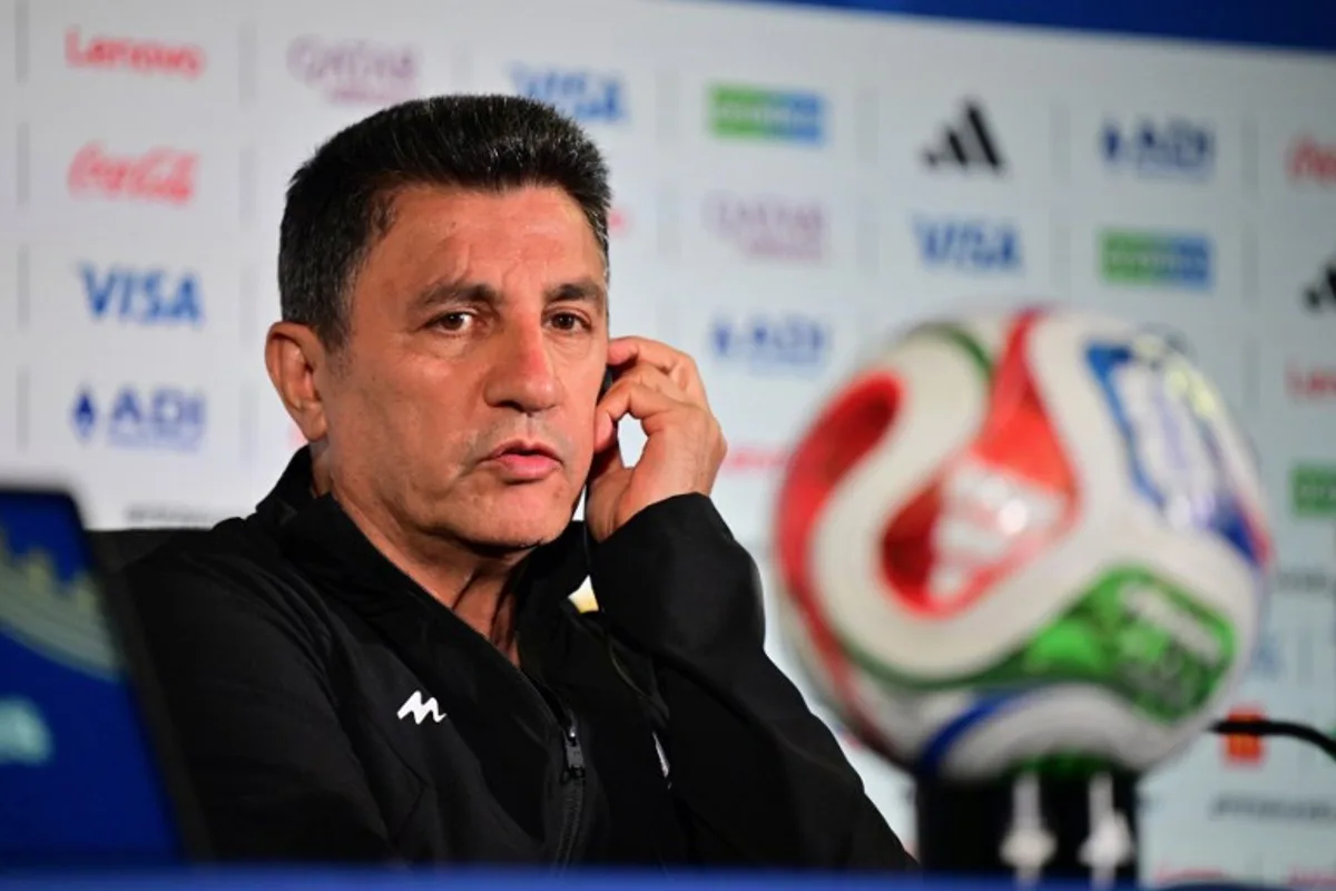 Iran's head coach Amir Ghalenoei gives an MD-1 press conference session at the Los Angeles Stadium in Inglewood, on June 20, 2026, on the eve of the 2026 World Cup Group G football match between Belgium and Iran. Frederic J. Brown / AFP