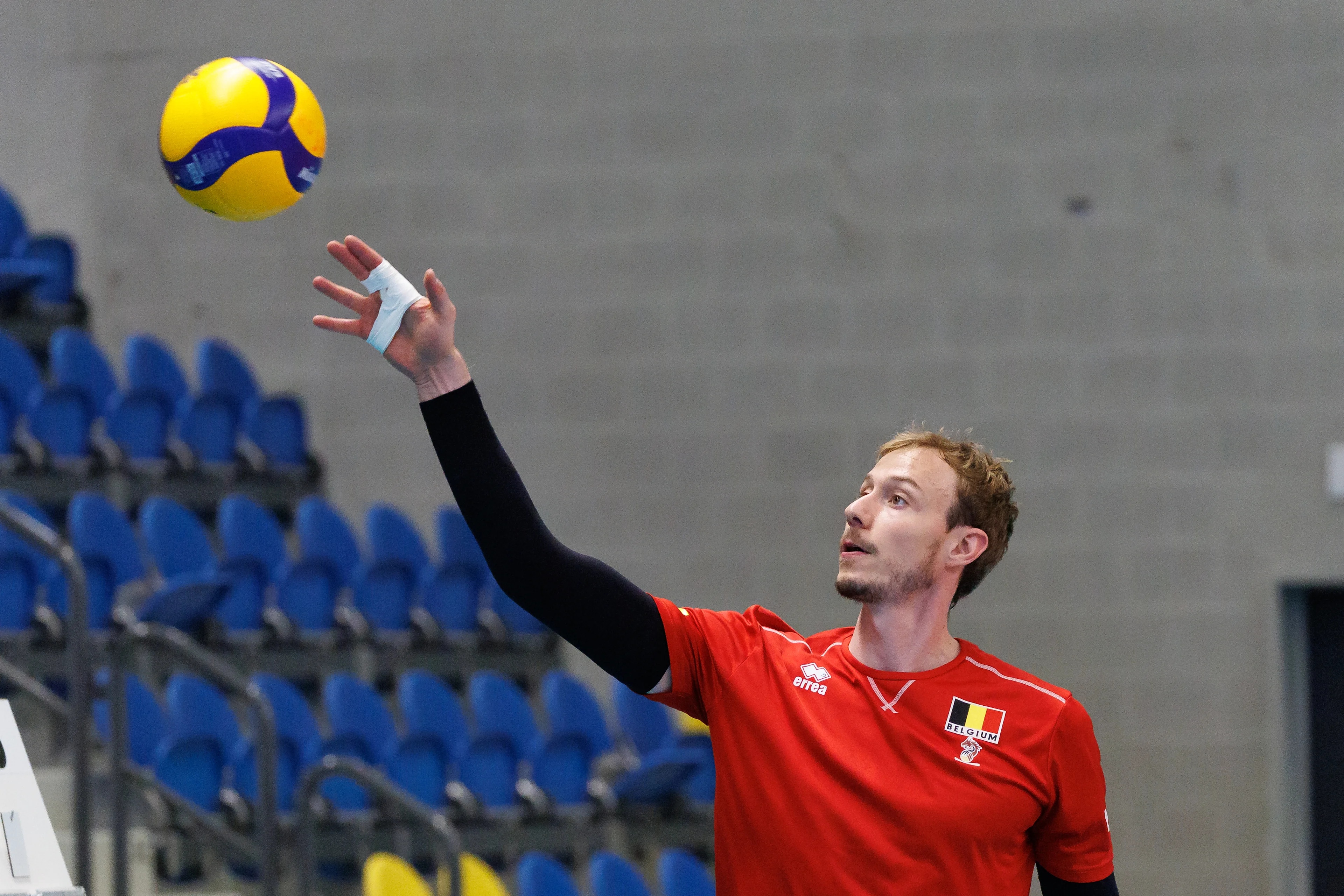 Belgium's Sam Deroo pictured in action during the media day of the Red Dragons, Belgian national men's volleyball team, ahead of the World Championship, in Roeselare, on Thursday 04 September 2025. The FIVB 2025 Volleyball World Championship take place from 12 to 28 September in the Philippines. BELGA PHOTO KURT DESPLENTER
