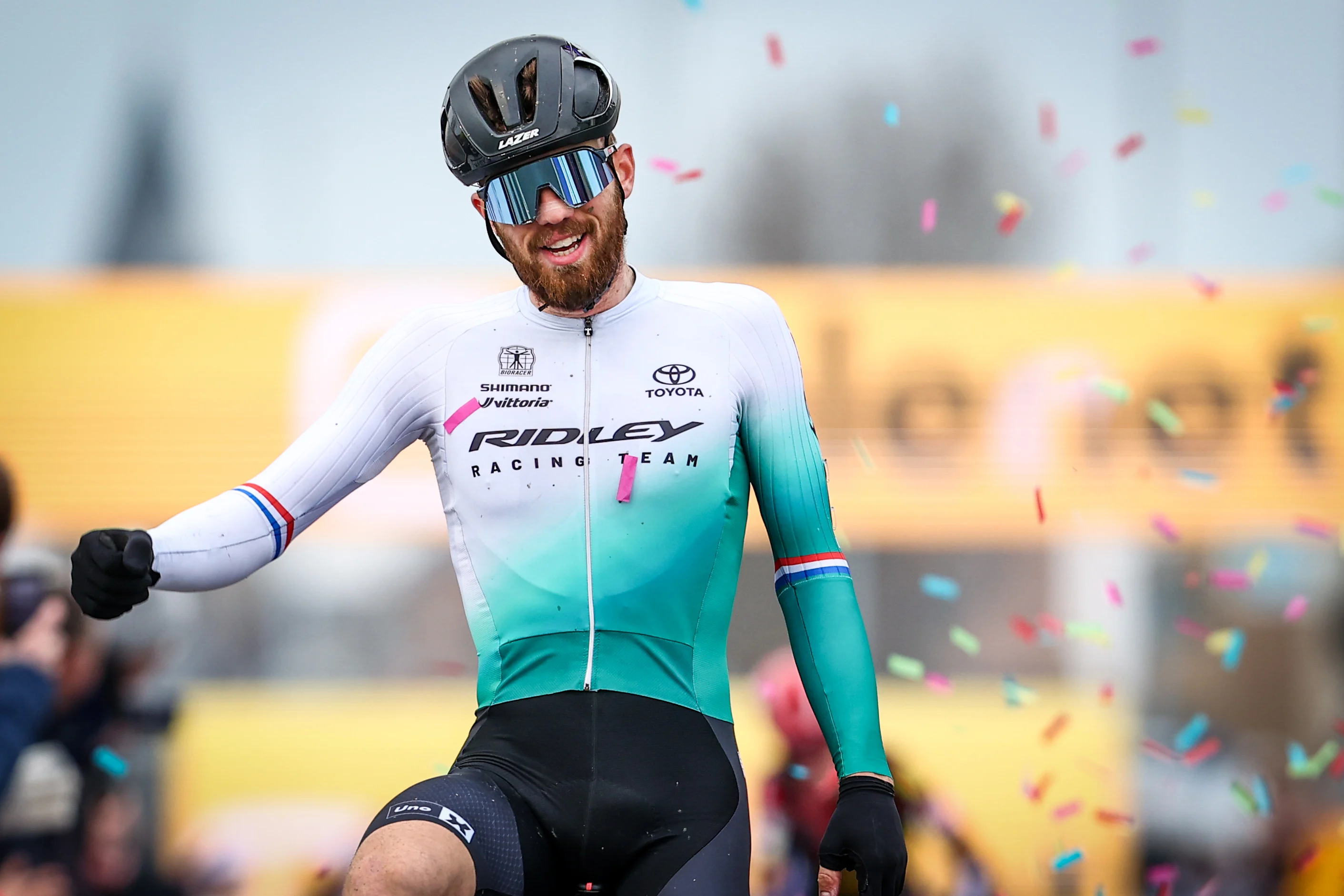 Dutch Joris Nieuwenhuis celebrates as he crosses the finish line to win the men elite race of the 'Noordzeecross' cyclocross cycling event in Middelkerke, the eighth and last race of the Superprestige competition on Saturday 08 February 2025. BELGA PHOTO DAVID PINTENS