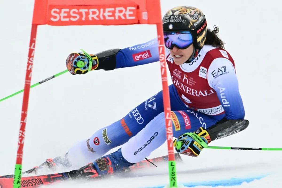 Italy's Federica Brignone competes in the Women's Giant Slalom event during the FIS Alpine Skiing World Cup in Sestriere, Italy, on February 22, 2025.  Marco BERTORELLO / AFP