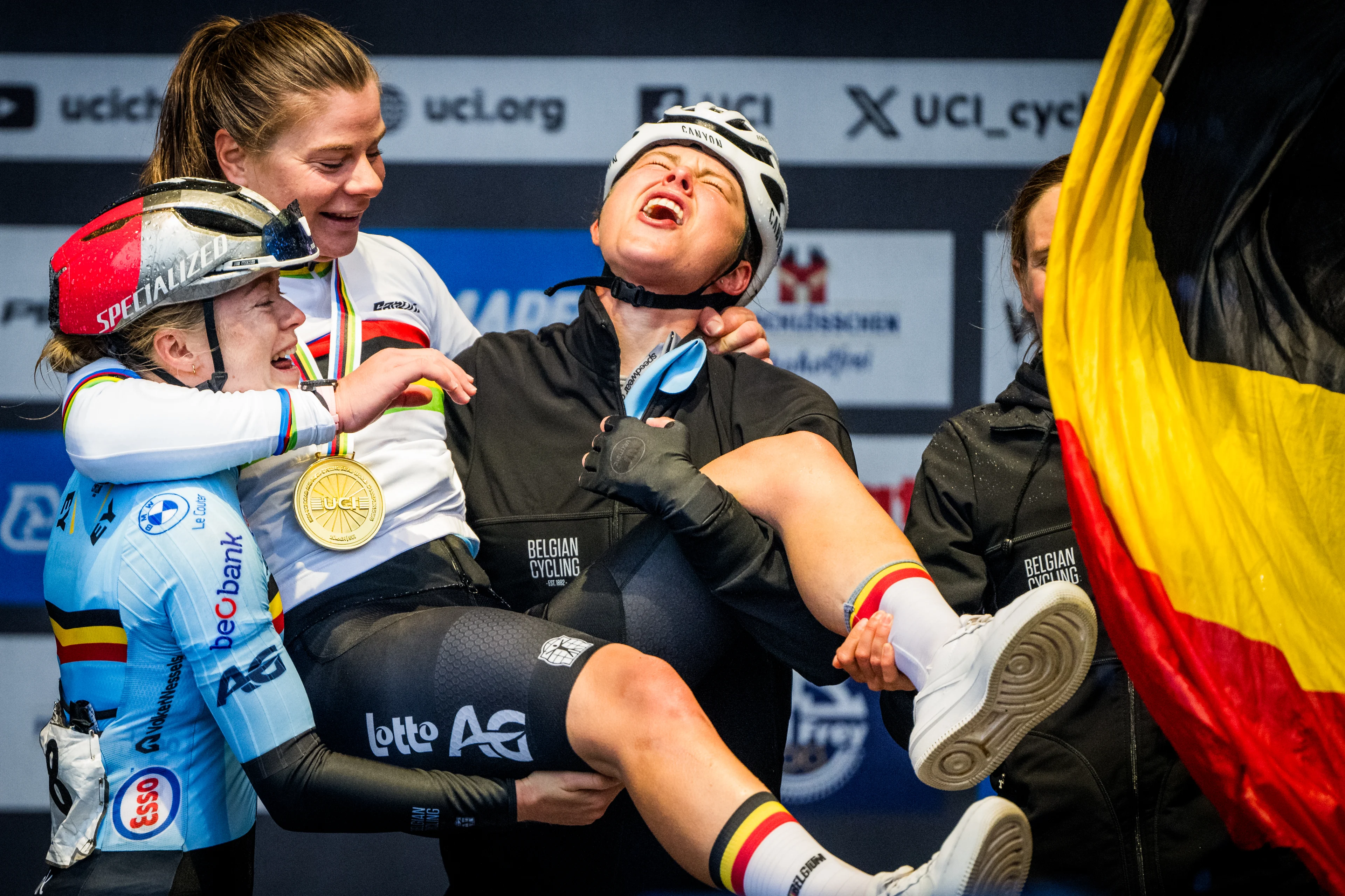 Belgian Lotte Kopecky and Belgian Julie De Wilde celebrate on the podium after winning the elite women road race at the 2024 UCI Road and Para-Cycling Road World Championships, Saturday 28 September 2024, in Zurich, Switzerland. The Worlds are taking place from 21 to 29 September. BELGA PHOTO JASPER JACOBS