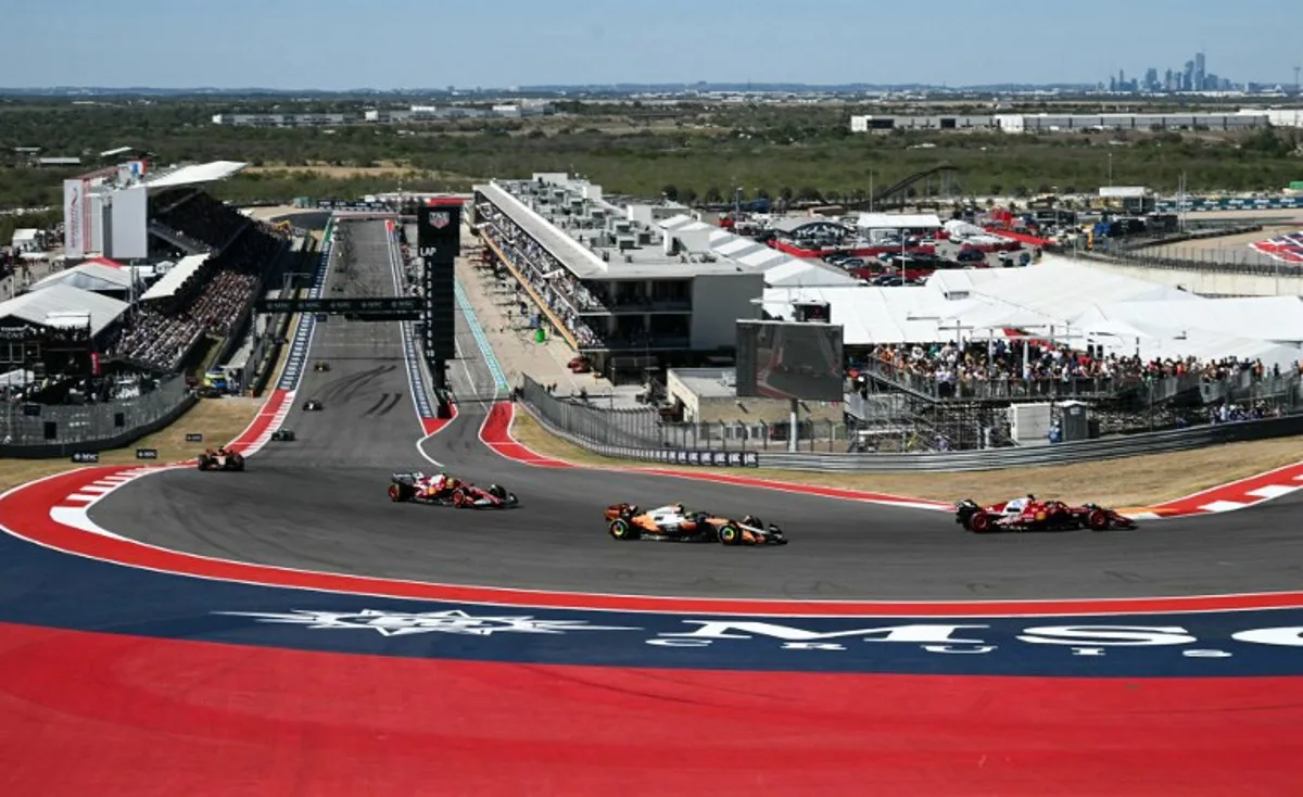 (From R/L) Ferrari's Monegasque driver Charles Leclerc races ahead of McLaren's British driver Lando Norris and Ferrari's British driver Lewis Hamilton during the United States Formula One Grand Prix at the Circuit of the Americas in Austin, Texas, on October 19, 2025. RONALDO SCHEMIDT / AFP