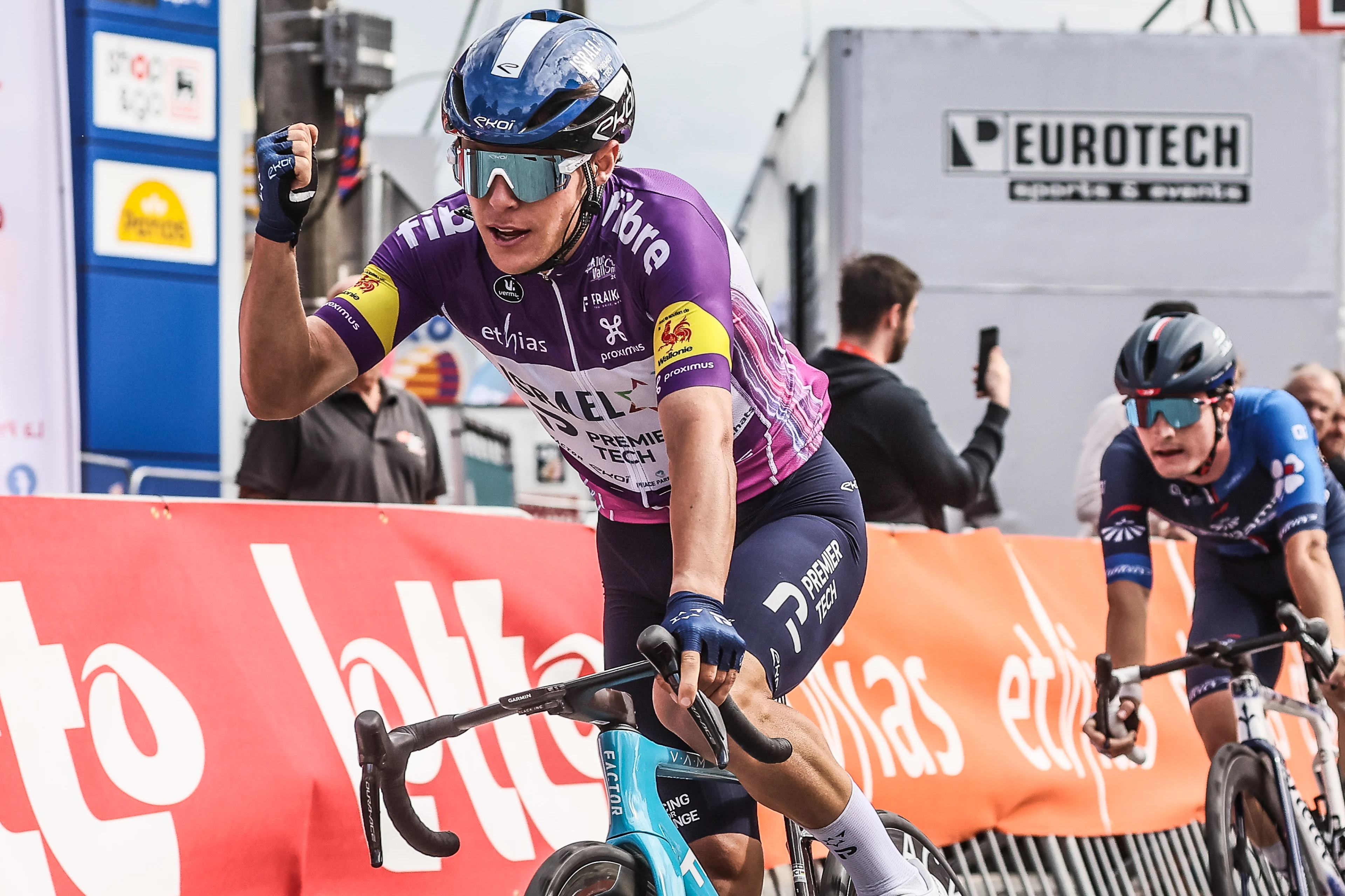 New Zealand's Corbin Strong of Israel-Premier Tech crosses the finish line of stage 2 of the Tour De Wallonie cycling race, from Saint-Ghislain to Ouffet (188,2 km), Tuesday 23 July 2024. This year's Tour de Wallonie takes place from 22 to 26 July 2023. BELGA PHOTO BRUNO FAHY