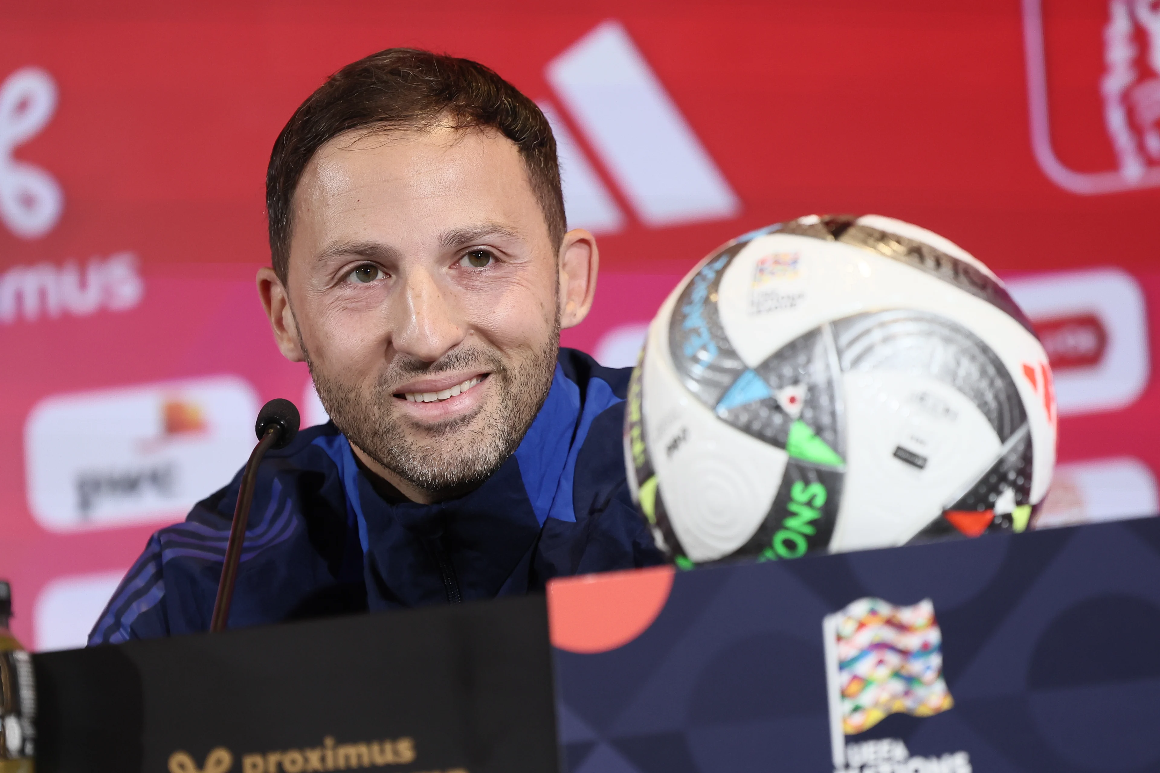 Belgium's head coach Domenico Tedesco pictured during a press conference of the Belgian national soccer team Red Devils, at the Royal Belgian Football Association's training center, in Tubize, Sunday 13 October 2024. The Red Devils are playing against France on Monday, for the UEFA Nations League 2025. BELGA PHOTO BRUNO FAHY