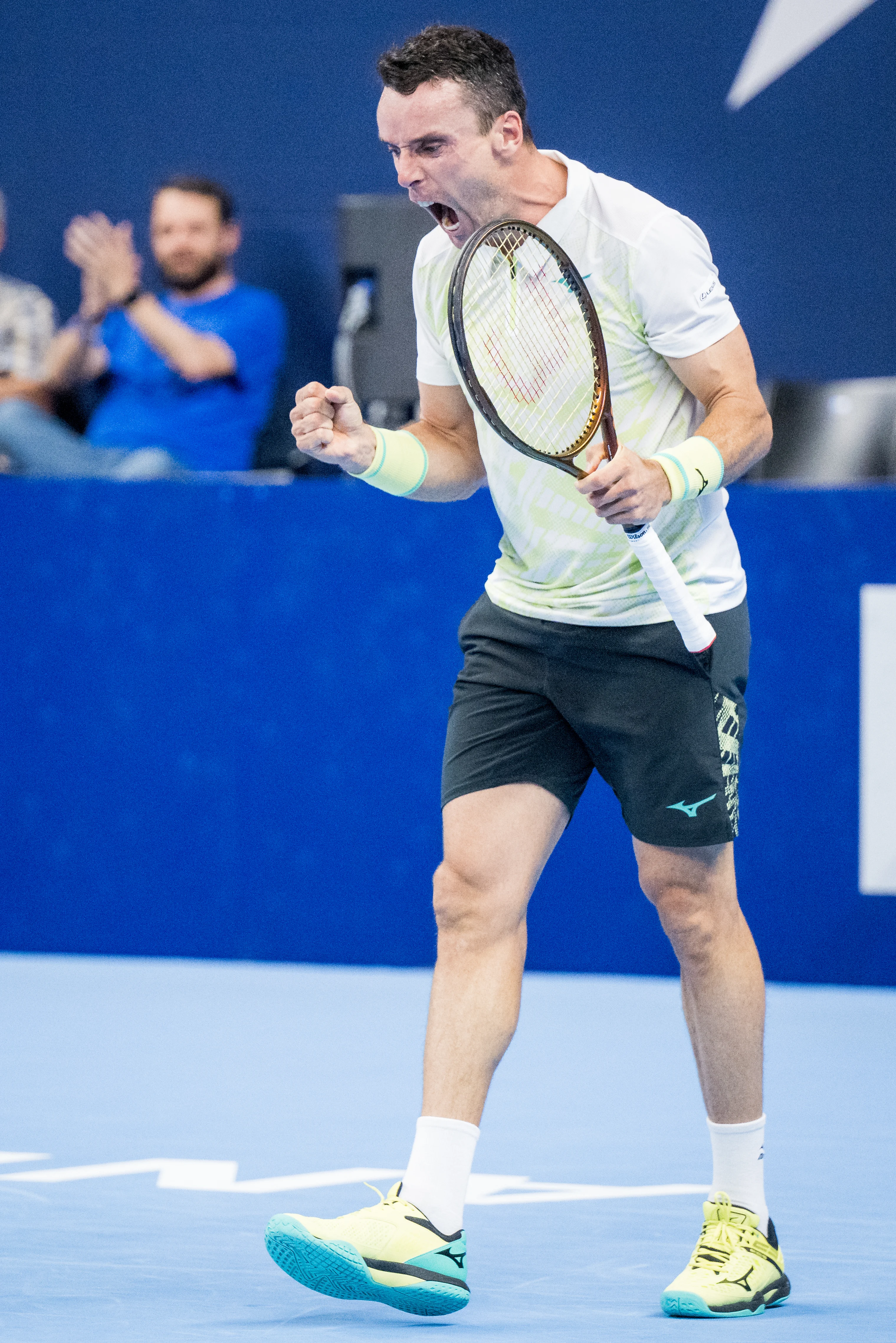 Spanish Roberto Bautista-Agut celebrates after winning a tennis match in the quarter finals of the singles competition at the ATP European Open Tennis tournament in Antwerp, Friday 18 October 2024. BELGA PHOTO JASPER JACOBS