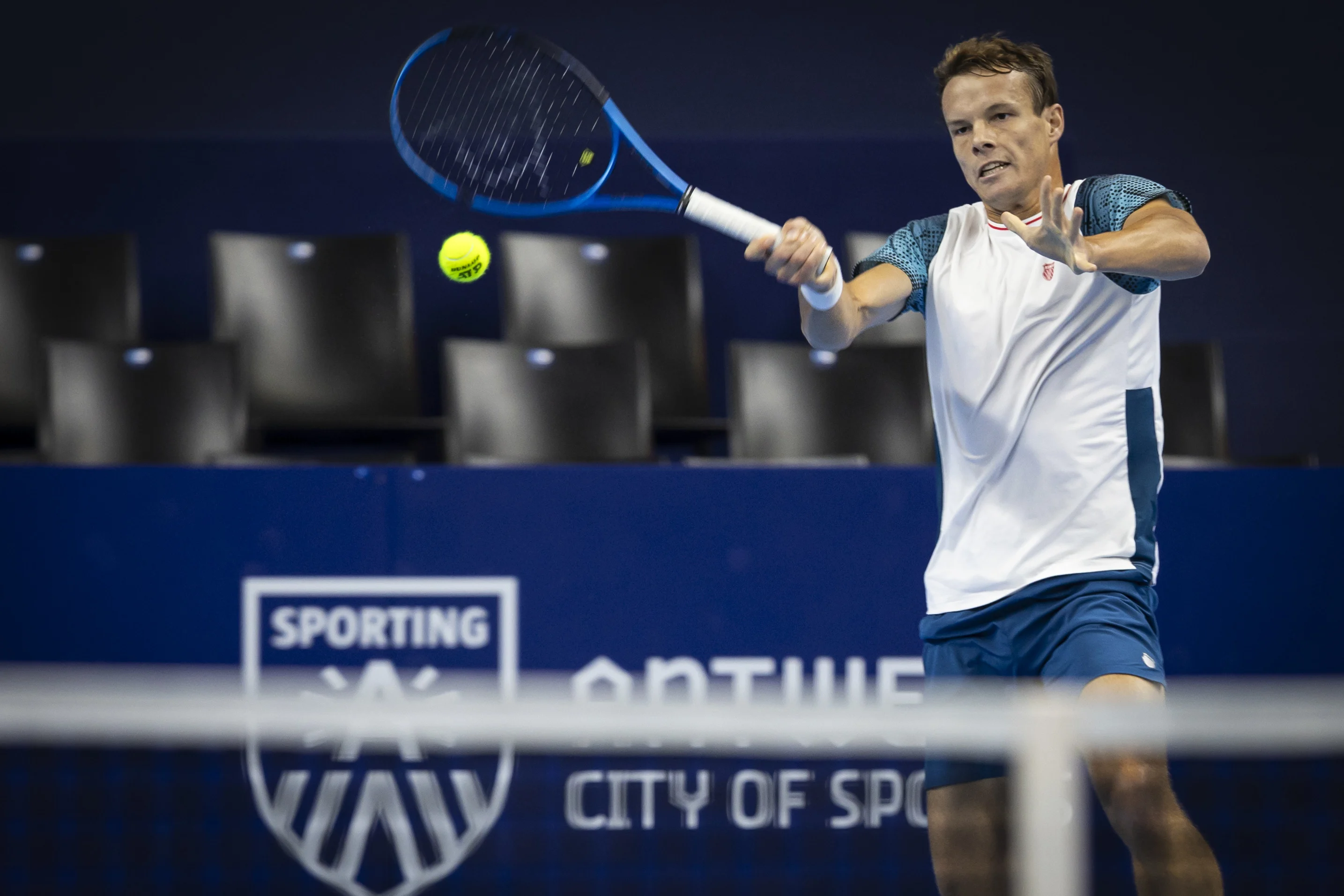 Belgian Michael Geerts pictured in action during the qualifying phase of the European Open Tennis ATP tournament, in Antwerp, Sunday 13 October 2024. BELGA PHOTO DAVID PINTENS