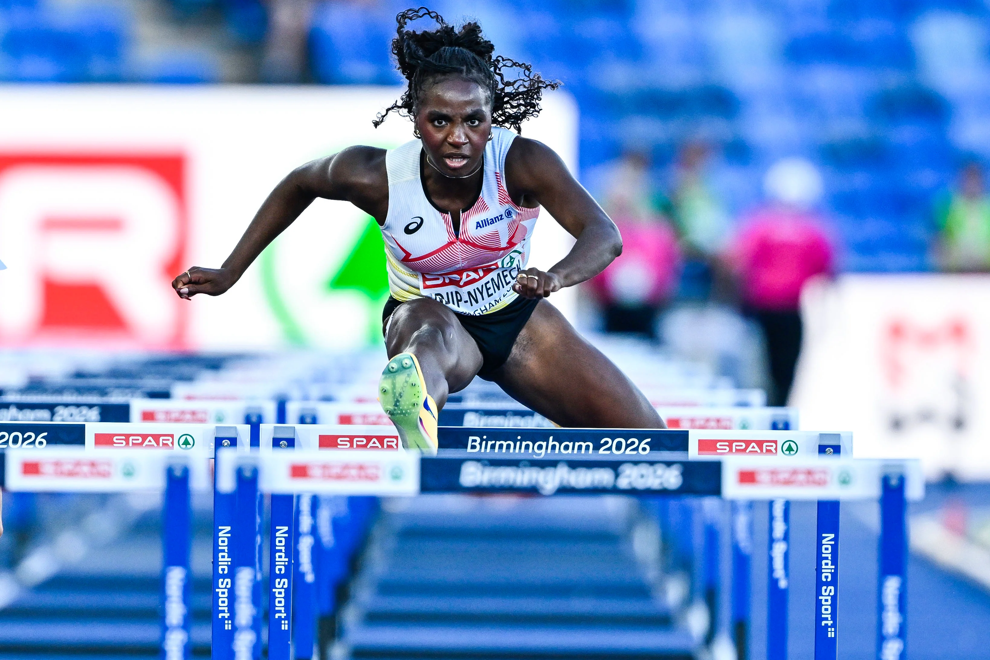 Belgian Yania Ndjip-Nyemeck pictured in action during the semi-finals of the women's 100m Hurdles race at the European Athletics Championships (August 10-18) in Birmingham, United Kingdom, on Monday 10 August 2026. BELGA PHOTO ERIC LALMAND