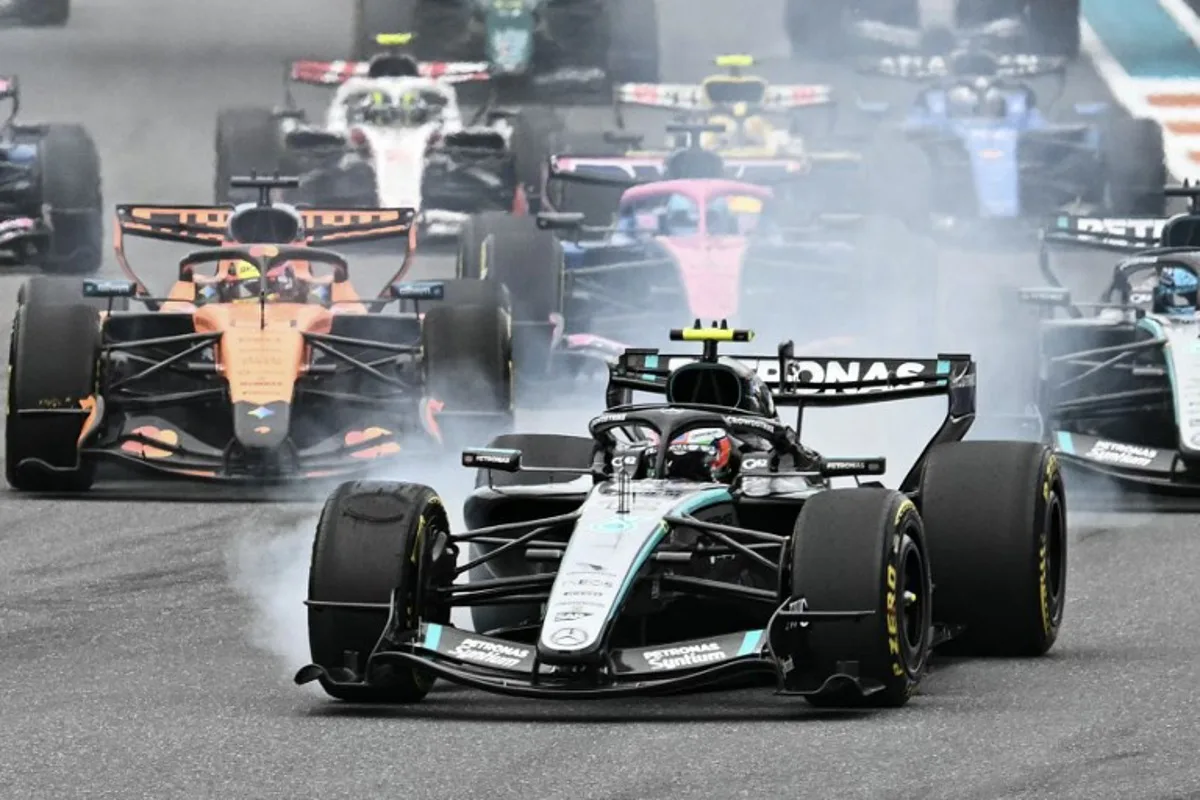 Mercedes' Italian driver Kimi Antonelli races during the 2026 Miami Formula One Grand Prix at Miami International Autodrome in Miami Gardens, Florida, on May 3, 2026.   CHANDAN KHANNA / AFP