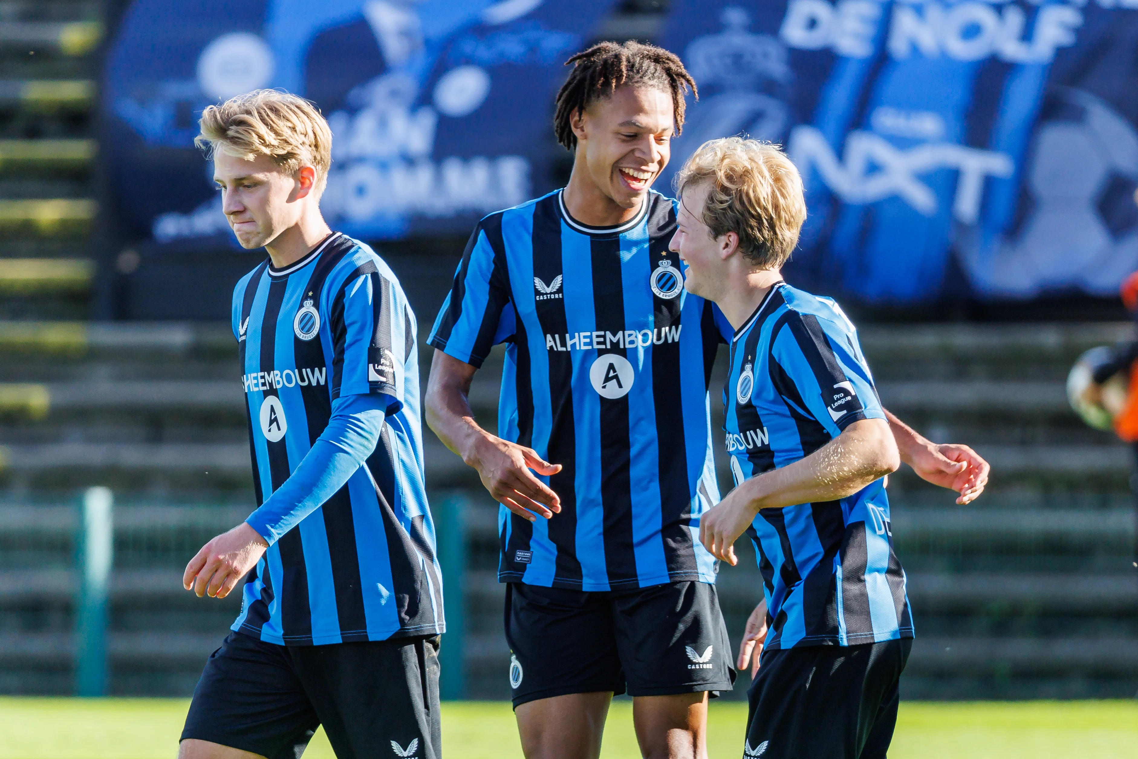 Club's Tobias Lund Jensen and Club's Lenn De Smet celebrate after scoring during a soccer match between Club NXT and SK Beveren, in Roeselare, on day 6 of the 2023-2024 'Challenger Pro League' 1B second division of the Belgian championship, Saturday 28 September 2024. BELGA PHOTO KURT DESPLENTER