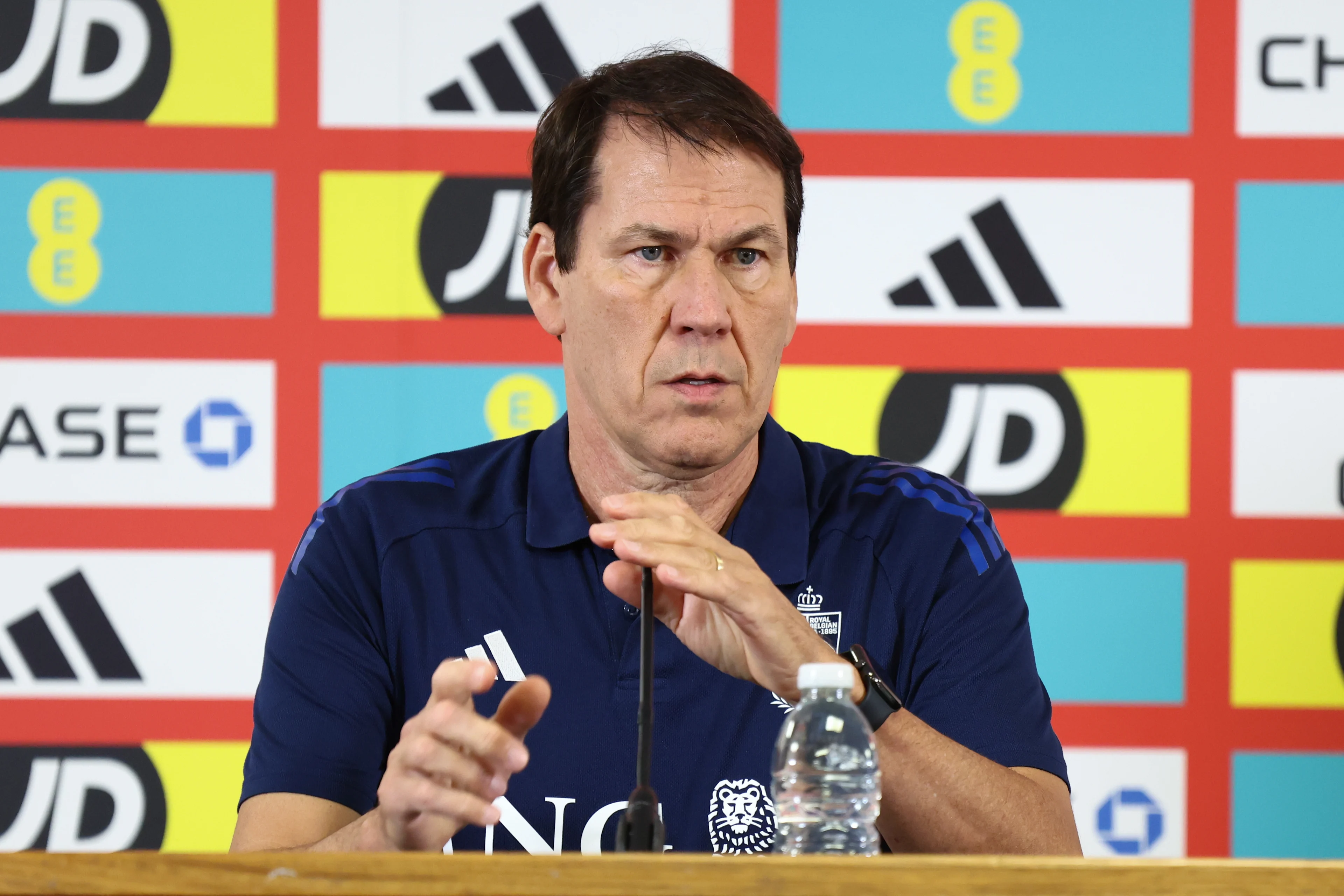 Belgium's head coach Rudi Garcia pictured during a press conference of Belgian national soccer team Red Devils in Cardiff, Wales on Sunday 12 October 2025. The team is preparing for tomorrow's match against Wales, qualifier 6/8 for the 2026 World Cup. BELGA PHOTO BRUNO FAHY