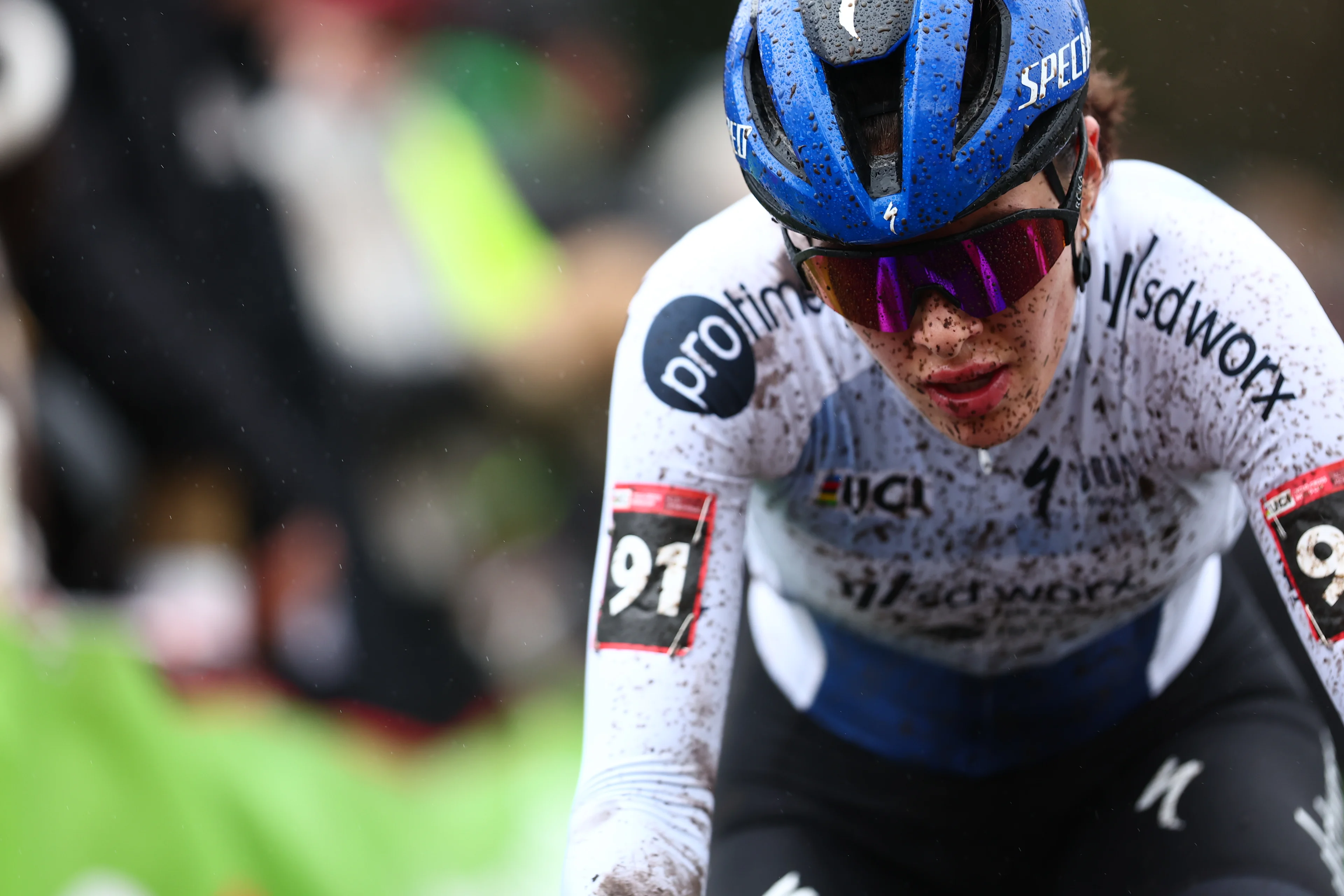 Luxembourgian Marie Schreiber  pictured in action during the women's elite race of the World Cup cyclocross cycling event in Hulst, the Netherlands, stage 5 (out of 12) of the UCI World Cup cyclocross competition, Saturday 21 December 2024. BELGA PHOTO DAVID PINTENS