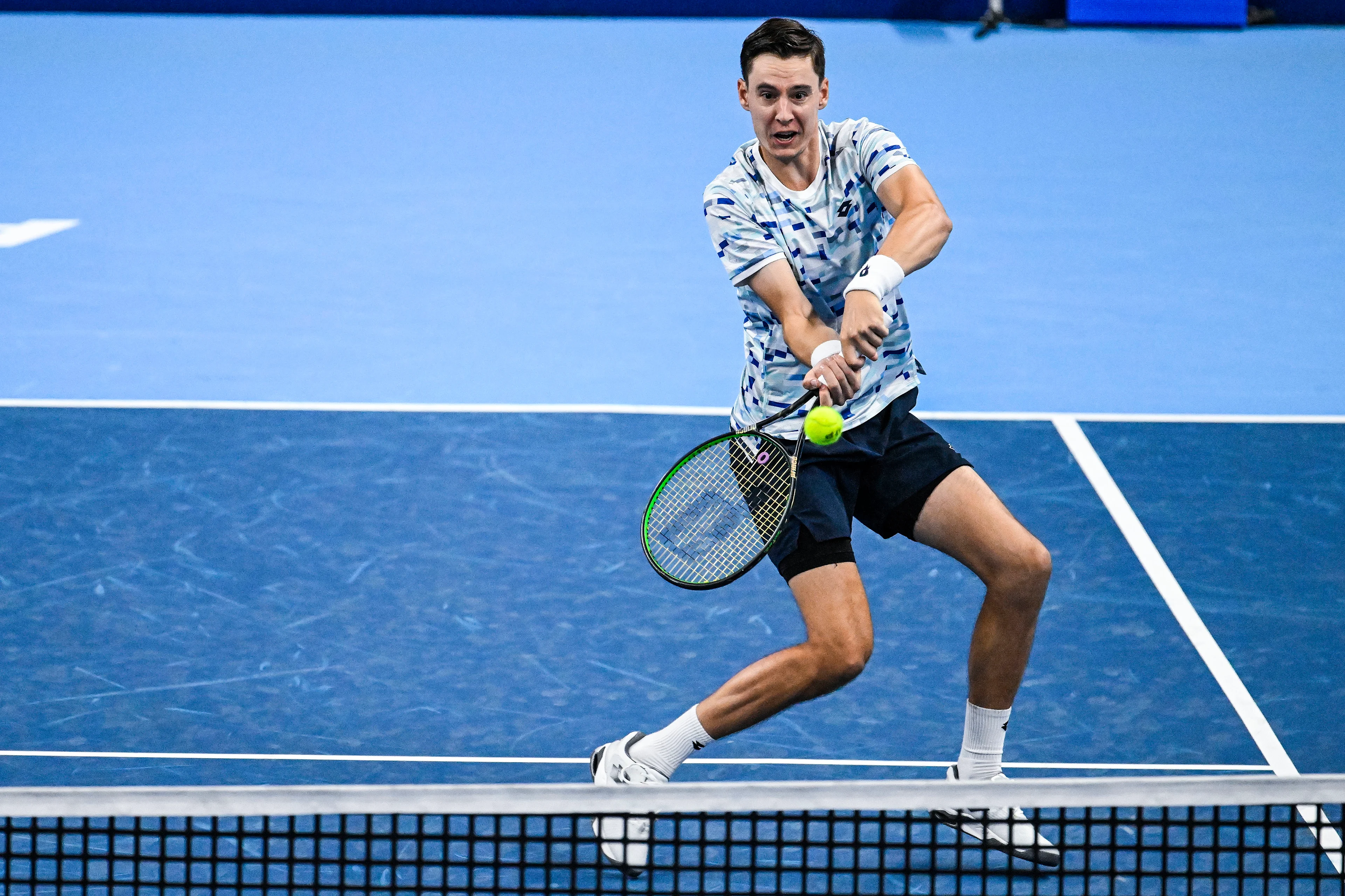 Belgian Joran Vliegen pictured in action during a tennis match in the quarter final of the doubles competition at the ATP European Open Tennis tournament in Antwerp, Thursday 17 October 2024. BELGA PHOTO TOM GOYVAERTS