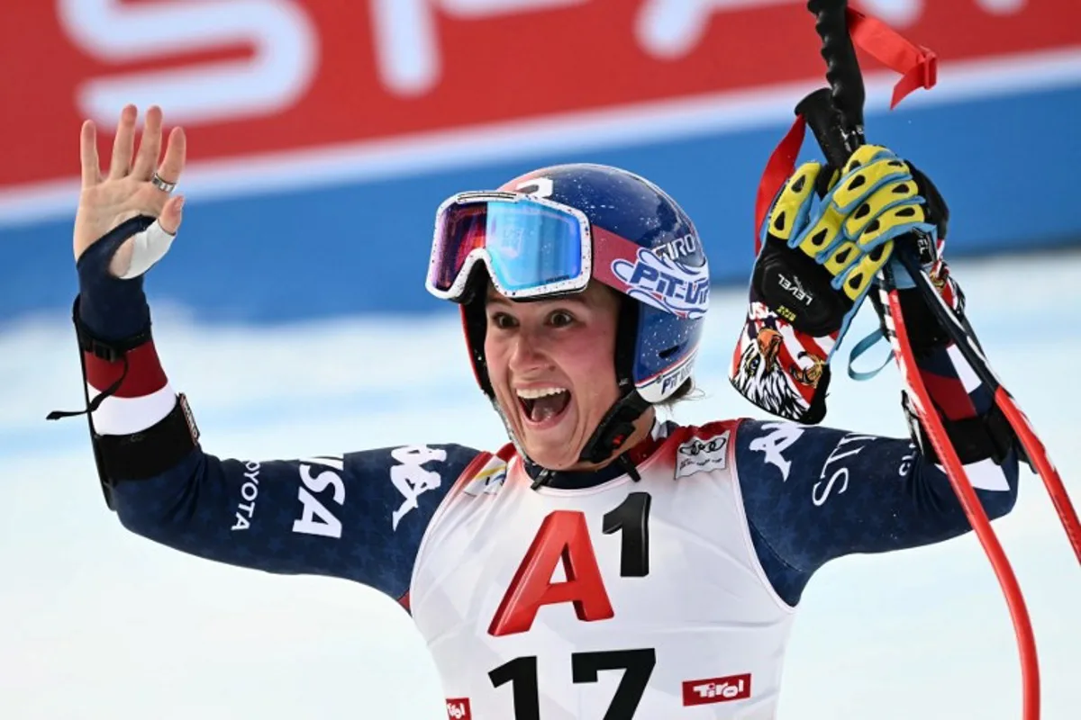 USA's Lauren Macuga reacts after her run during the Women's Super G race as part of the FIS Alpine Ski World Cup in Sankt Anton am Arlberg, Austria, on January 12, 2025.  Joe Klamar / AFP