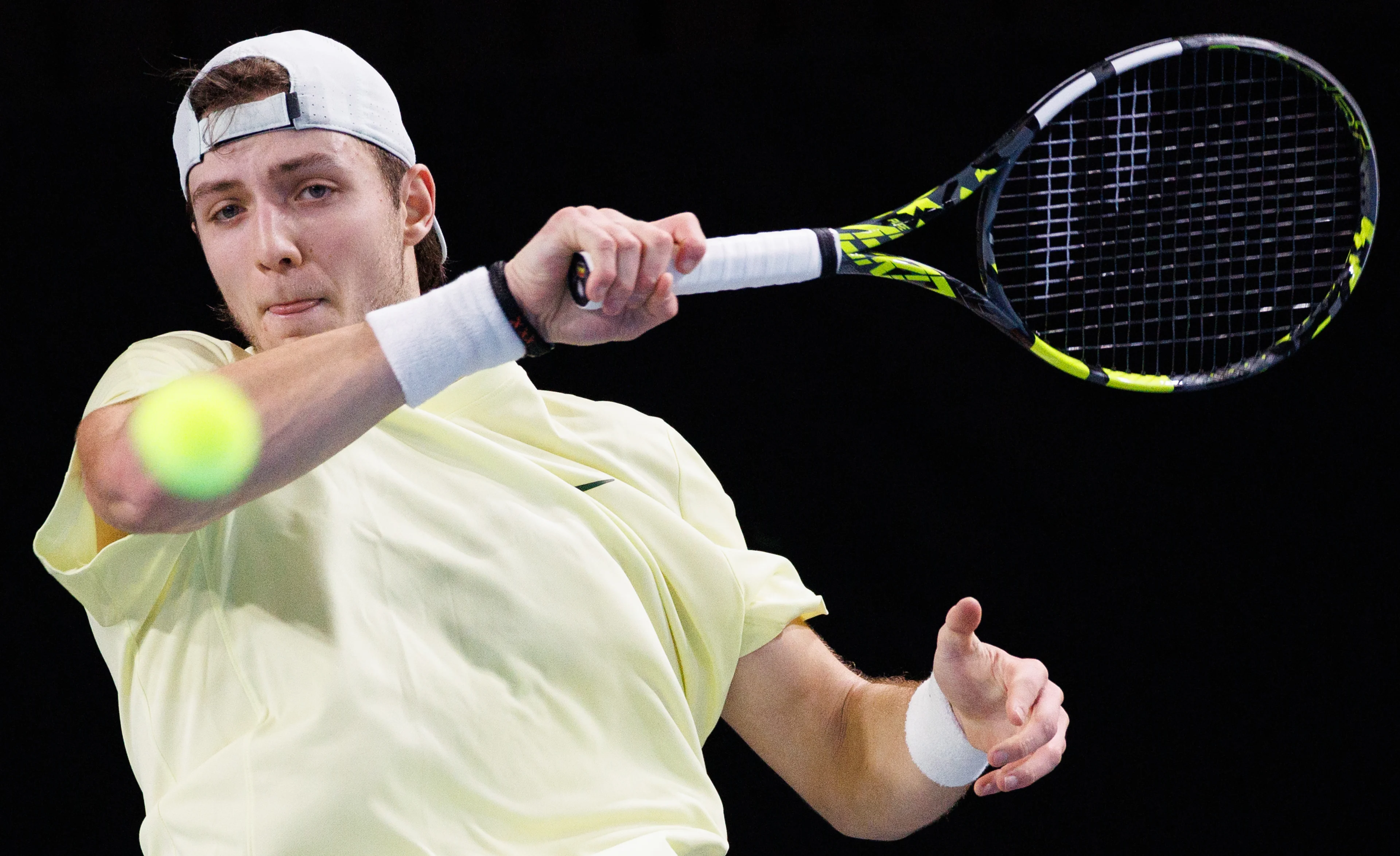 Belgian Tibo Colson pictured during a qualification game between Belgian Colson and German Squire in the men's singles at the BW Open ATP Challenger 125 tournament, in Louvain-la-Neuve, Monday 22 January 2024. THE BW Open takes place from 22 to 28 January. BELGA PHOTO BENOIT DOPPAGNE