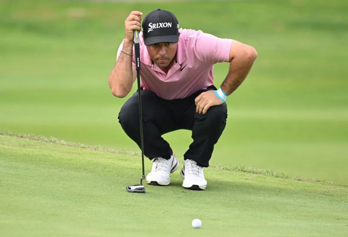 Alejandro Del Rey of Spain lines up a putt on the 3rd green during the final round of the Genesis Championship golf tournament at Jack Nicklaus Golf Club Korea in Incheon on October 27, 2024.  Jung Yeon-je / AFP