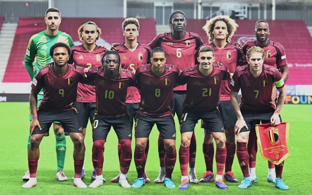 Belgian players (L-R, top) Belgium's goalkeeper #01 Koen Casteels, Belgium's defender #03 Arthur Theate, Belgium's midfielder #05 Maxim De Cuyper, Belgium's midfielder #06 Amadou Onana, Belgium's defender #04 Wout Faes and Belgium's forward #11 Dodi Lukebakio, (L-R, bottom) Belgium's forward #09 Lois Openda, Belgium's forward #10 Jeremy Doku, Belgium's midfielder #08 Youri Tielemans, Belgium's defender #21 Timothy Castagne and Belgium's midfielder #07 Kevin De Bruyne pose for a team picture prior to the start of the UEFA Nations League football match League A, Group A2, Day 1, Belgium v Israel in Debrecen, Hungary, on September 6, 2024.  Attila KISBENEDEK / AFP