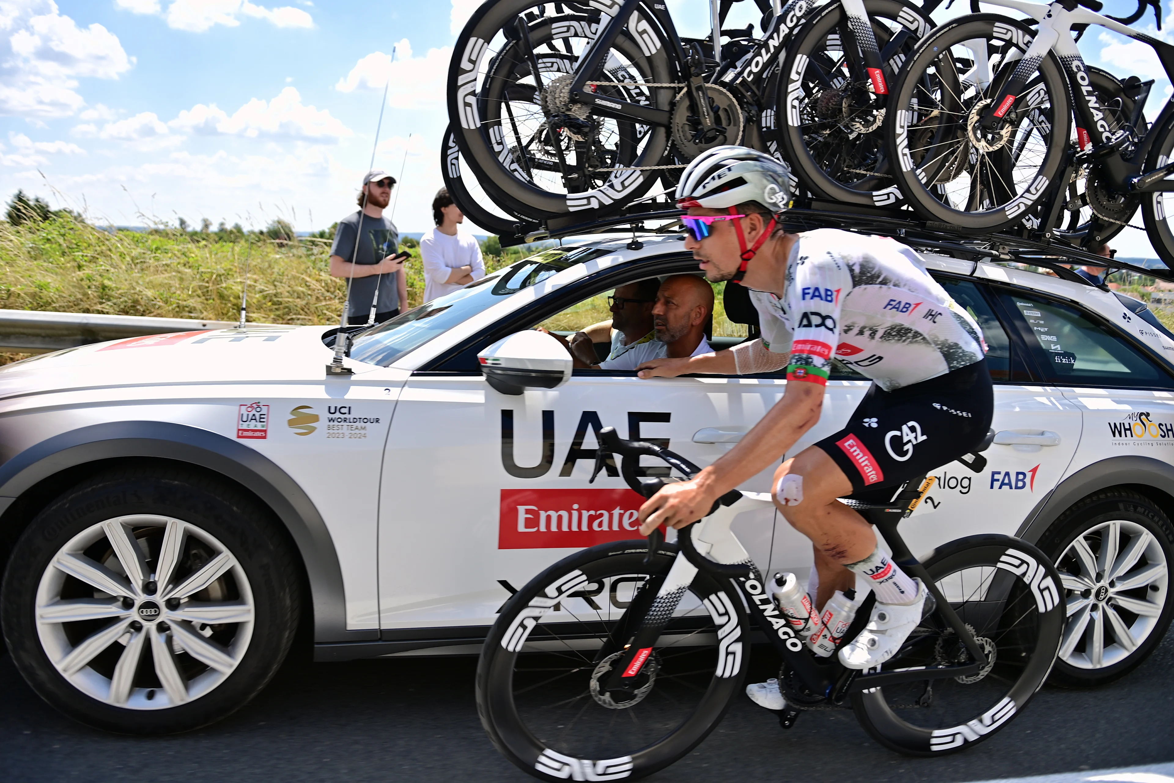 Portuguese Joao Almeida of UAE Team Emirates pictured in action during stage nine of the 2025 Tour de France cycling, from Chinon to Chateauroux (170 km), on Sunday 13 July 2025 in France. The 112th edition of the Tour de France starts on Saturday 5 July in Lille, France, and will finish in Paris, France on the 27th of July. BELGA PHOTO POOL POOL PETE GODING