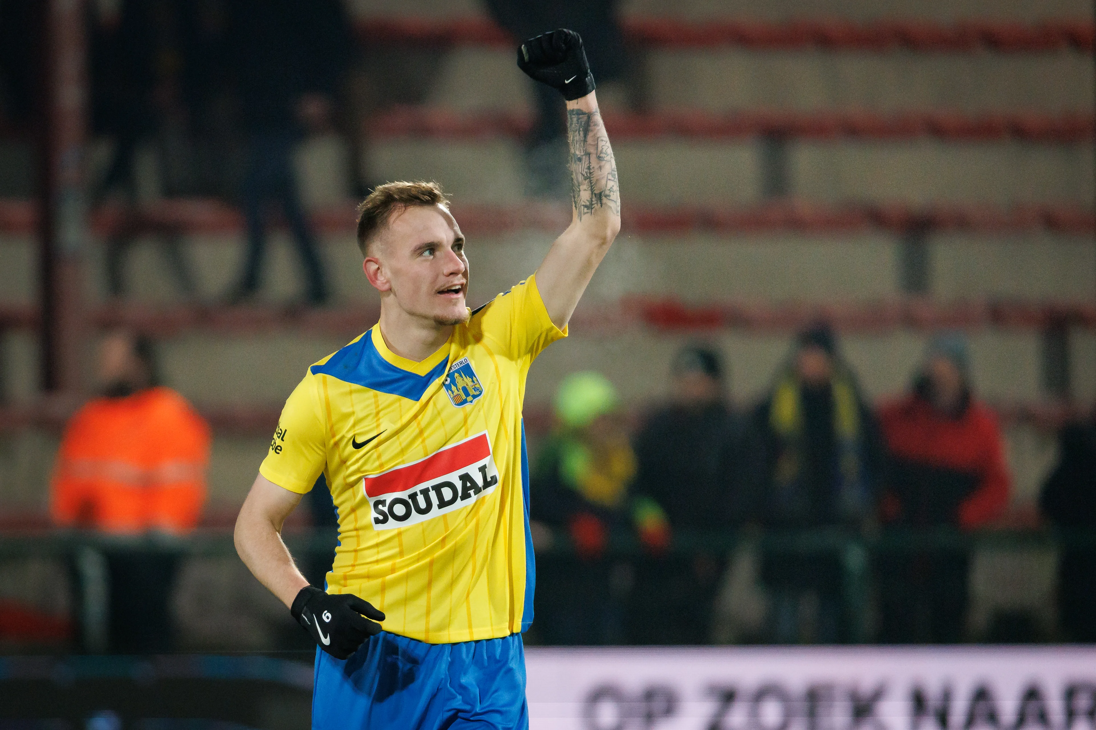 Westerlo's Matija Frigan celebrates after scoring during a soccer match between KV Kortrijk and KVC Westerlo, Sunday 02 February 2025 in Kortrijk, on day 24 of the 2024-2025 season of the 'Jupiler Pro League' first division of the Belgian championship. BELGA PHOTO KURT DESPLENTER