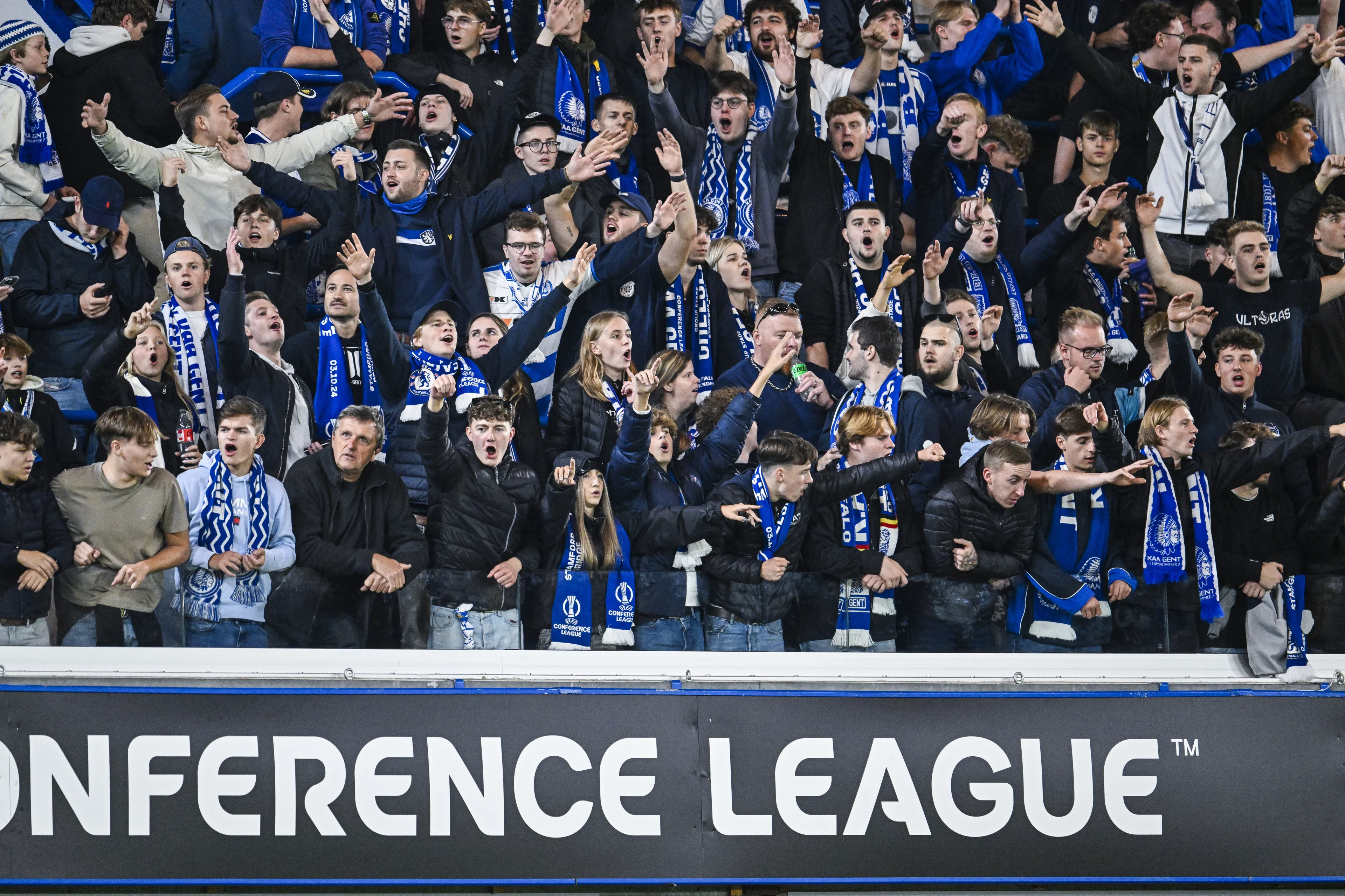 Gent's supporters pictured ahead of a soccer match between British team Chelsea FC and Belgian team KAA Gent, Thursday 03 October 2024 in London, for the opening day of the UEFA Conference League tournament. BELGA PHOTO TOM GOYVAERTS