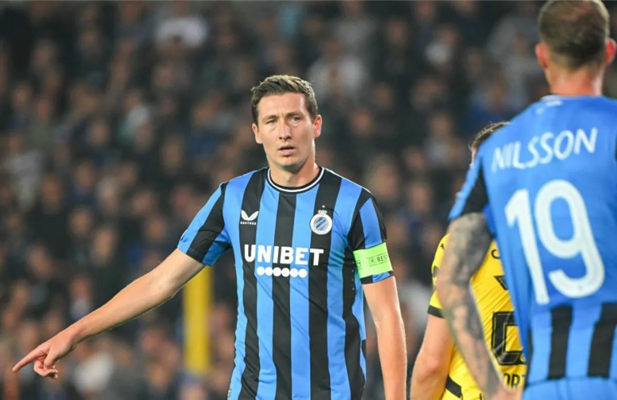 Club Brugge's Belgian midfielder #20 Hans Vanaken gestures next to Club Brugge's Swedish forward #19 Gustaf Nilsson during the UEFA Champions League's 1st round day 1 football match between Club Brugge KV and Borussia Dortmund at the Jan Breydel Stadium in Bruges on September 18, 2024.  NICOLAS TUCAT / AFP