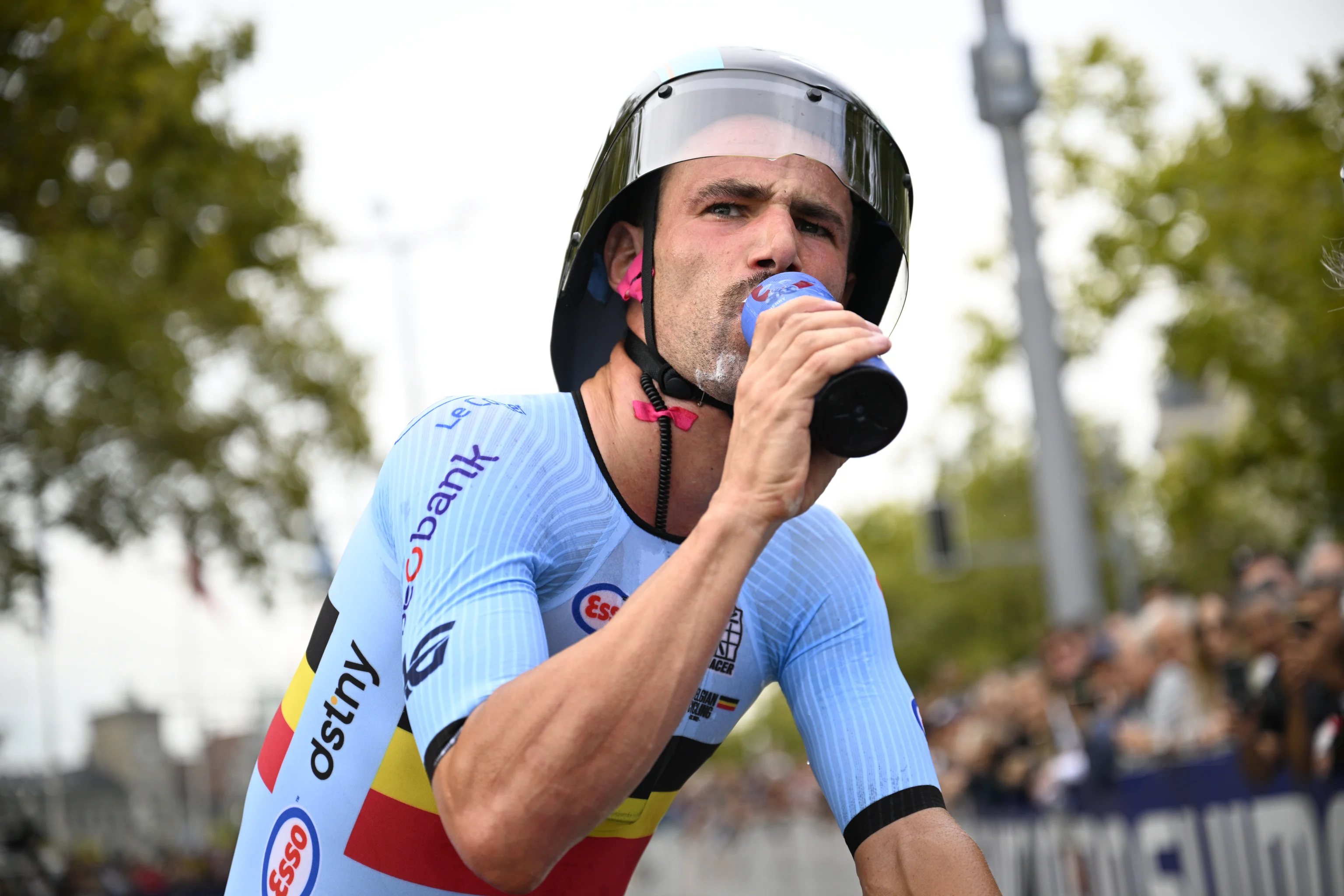 Belgian Victor Campenaerts drinks after the men elite individual time trial race at the 2024 UCI Road and Para-Cycling Road World Championships, Sunday 22 September 2024, in Zurich, Switzerland. The Worlds are taking place from 21 to 29 September. BELGA PHOTO JASPER JACOBS