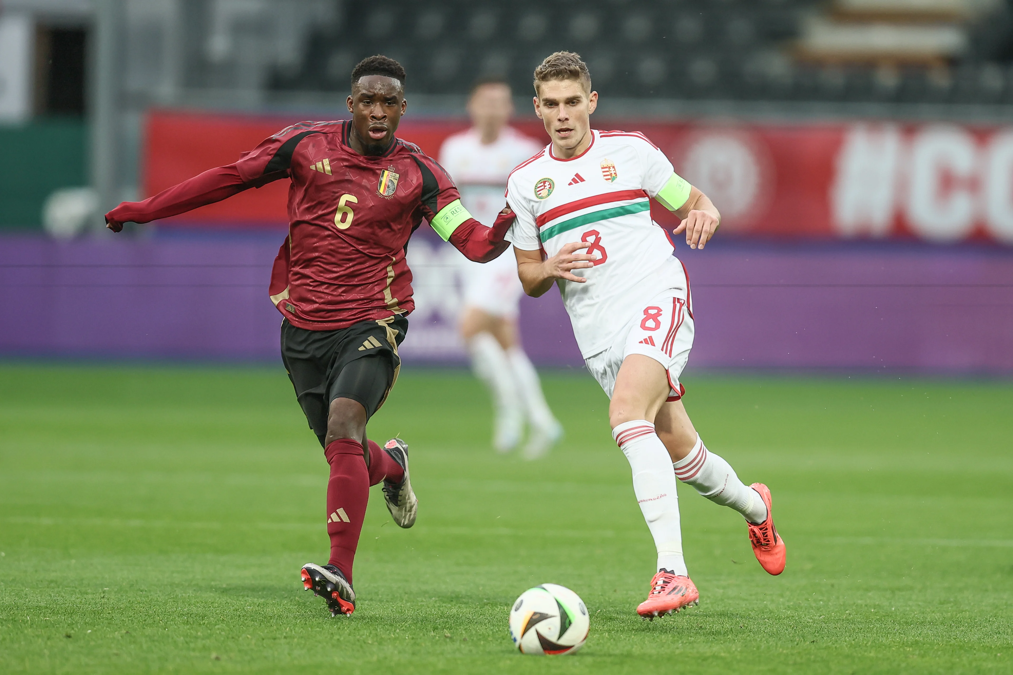 Belgium's Mandela Keita and Hungary's Peter Barath fight for the ball during a game between the U21 youth team of the Belgian national soccer team Red Devils and the U21 of Hungary, in Heverlee, Tuesday 15 October 2024, the last qualification match (10/10) for the 2025 UEFA European Under21 Championship. BELGA PHOTO BRUNO FAHY