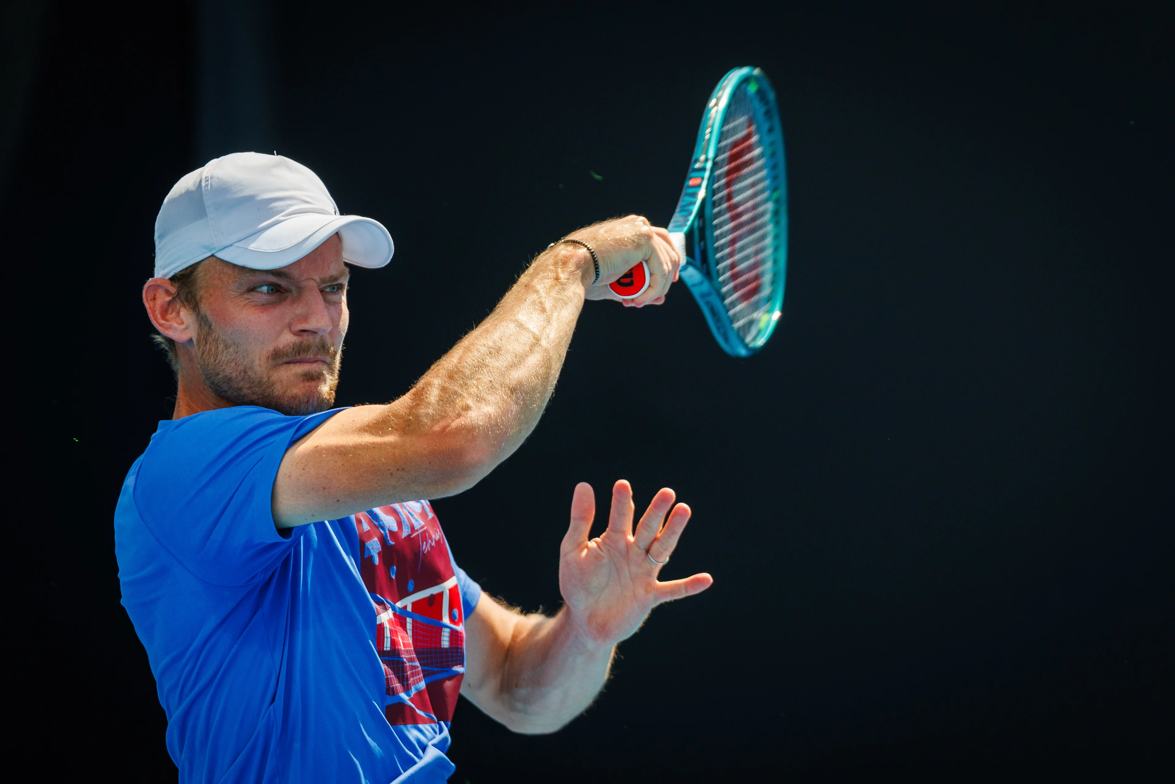 Belgian David Goffin (ATP 53) pictured in action during a training session before the 'Australian Open' Grand Slam tennis tournament, Friday 10 January 2025 in Melbourne Park, Melbourne, Australia. The 2024 edition of the Australian Grand Slam takes place from January 14th to January 28th. BELGA PHOTO PATRICK HAMILTON