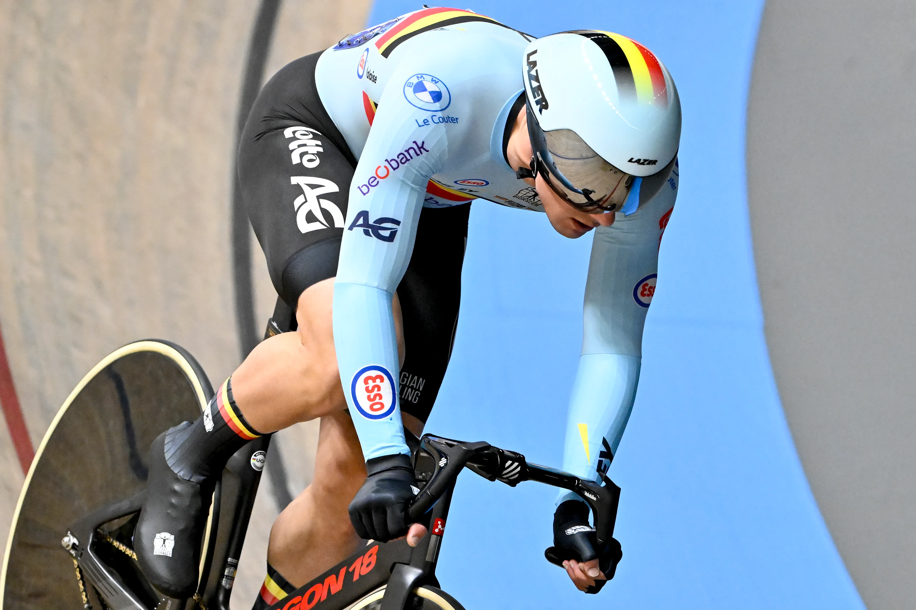 Belgian Tuur Dens pictured in action during the men's Scratch race at the 2025 UEC Track Elite European Championships, in Heusden-Zolder, Belgium, Friday 14 February 2025. The European Championships take place from 12 to 16 February. BELGA PHOTO DIRK WAEM