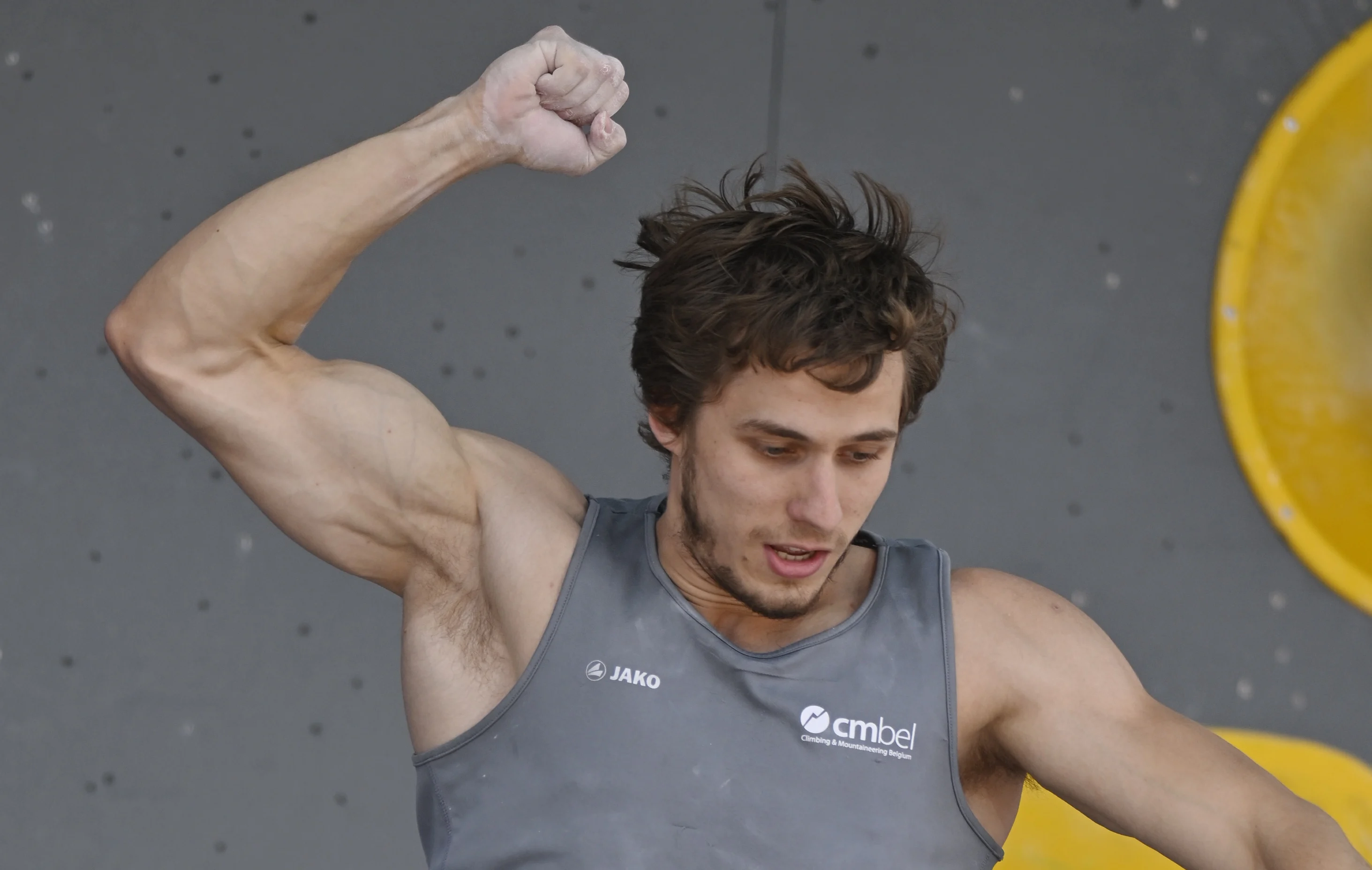 Belgian Nicolas Collin pictured in action during the qualifications for the men's sport climbing boulder event, at the European Championships Munich 2022, in Munich, Germany, on Thursday 11 August 2022. The second edition of the European Championships takes place from 11 to 22 August and features nine sports. BELGA PHOTO ERIC LALMAND