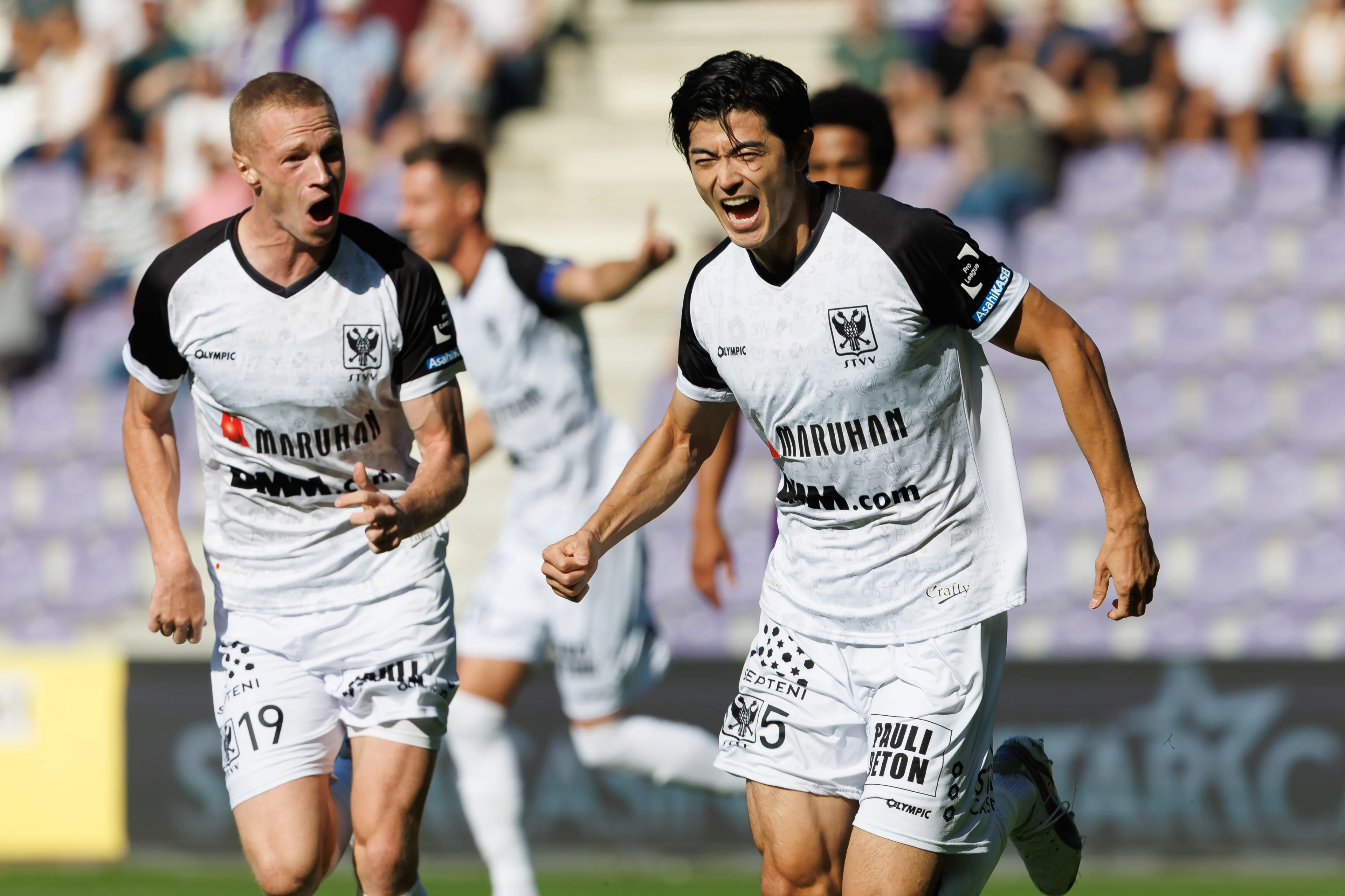 STVV's Shogo Taniguchi celebrates after scoring during a soccer match between Beerschot VA and STVV, in Antwerp, on the eight day of the 2024-2025 season of the 'Jupiler Pro League' first division of the Belgian championship, Saturday 21 September 2024. BELGA PHOTO KURT DESPLENTER