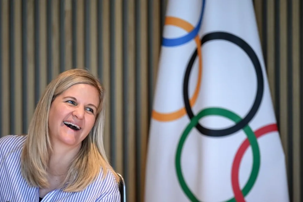 International Olympic Committee president (IOC) Kirsty Coventry reacts prior to an IOC executive commission meeting ahead of IOC session, at the Olympic House in Lausanne, on June 22, 2026.  Fabrice COFFRINI / AFP