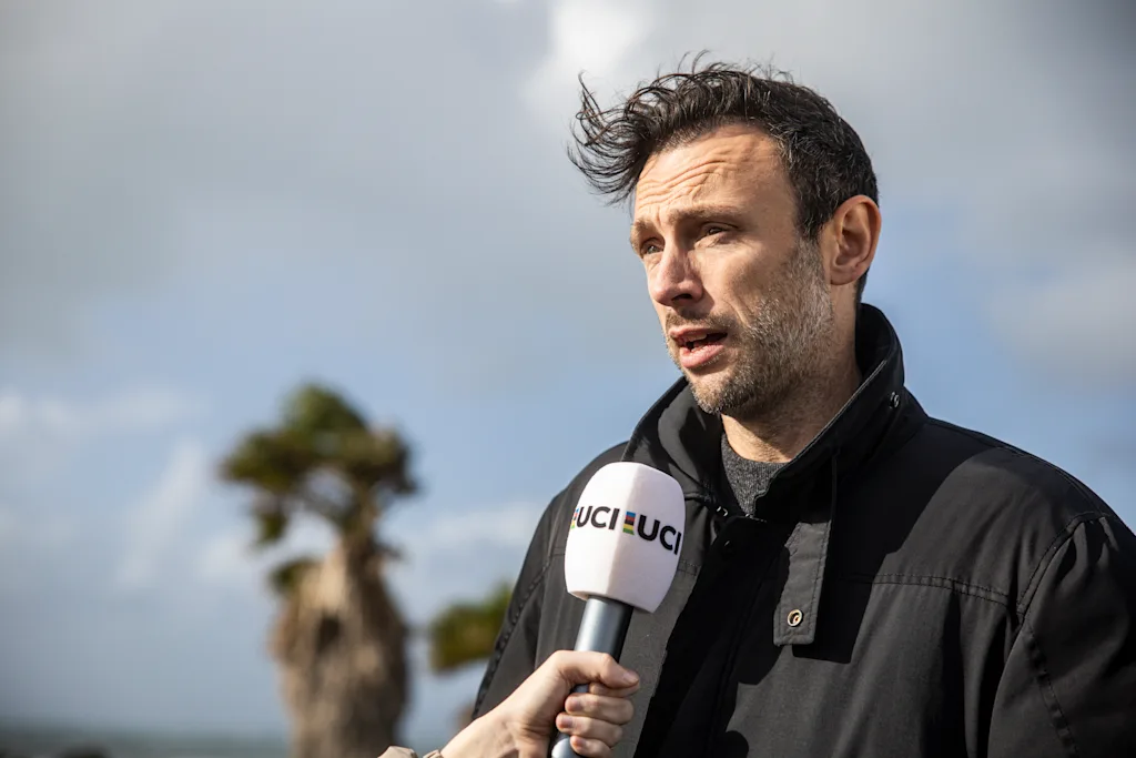 Tomas Van Den Spiegel of Flanders Classics pictured during a press moment about the decision of cancelling the World Cup cyclocross cycling event in Cabras, Sardinia, stage 3 (out of 12) of the UCI World Cup cyclocross competition, Sunday 08 December 2024. The island and surrounding area were hit by a violent storm, with gusts reaching 100 km/h, causing major damage. The safety of racers and spectators is therefore at risk. In addition, a fire last night destroyed the press room. BELGA PHOTO DAVID PINTENS