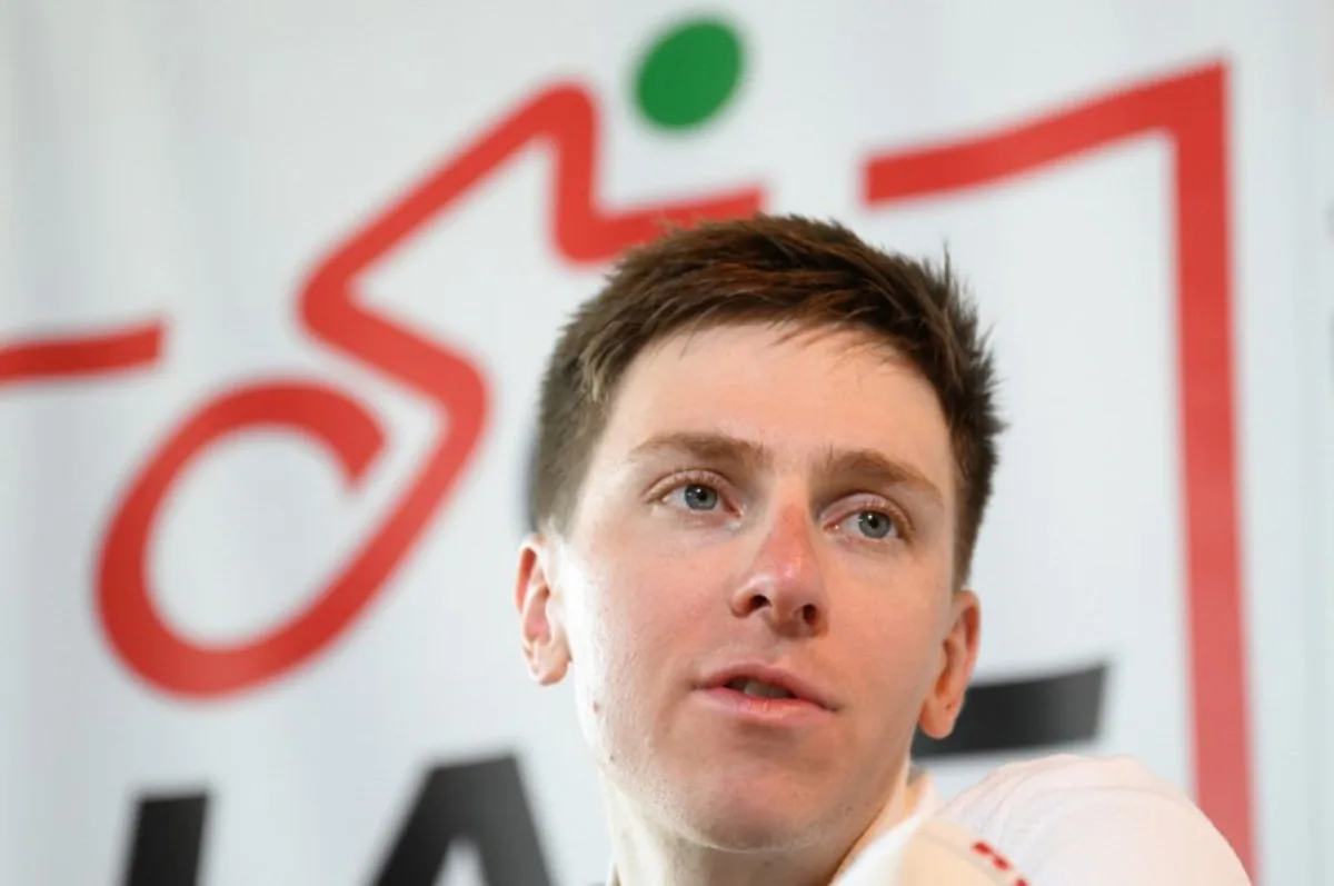 UAE Team Emirates' Slovenian rider Tadej Pogacar addresses a press conference ahead of the Tour of Flanders cycling race in Waregem on April 3, 2025. JOHN THYS / AFP