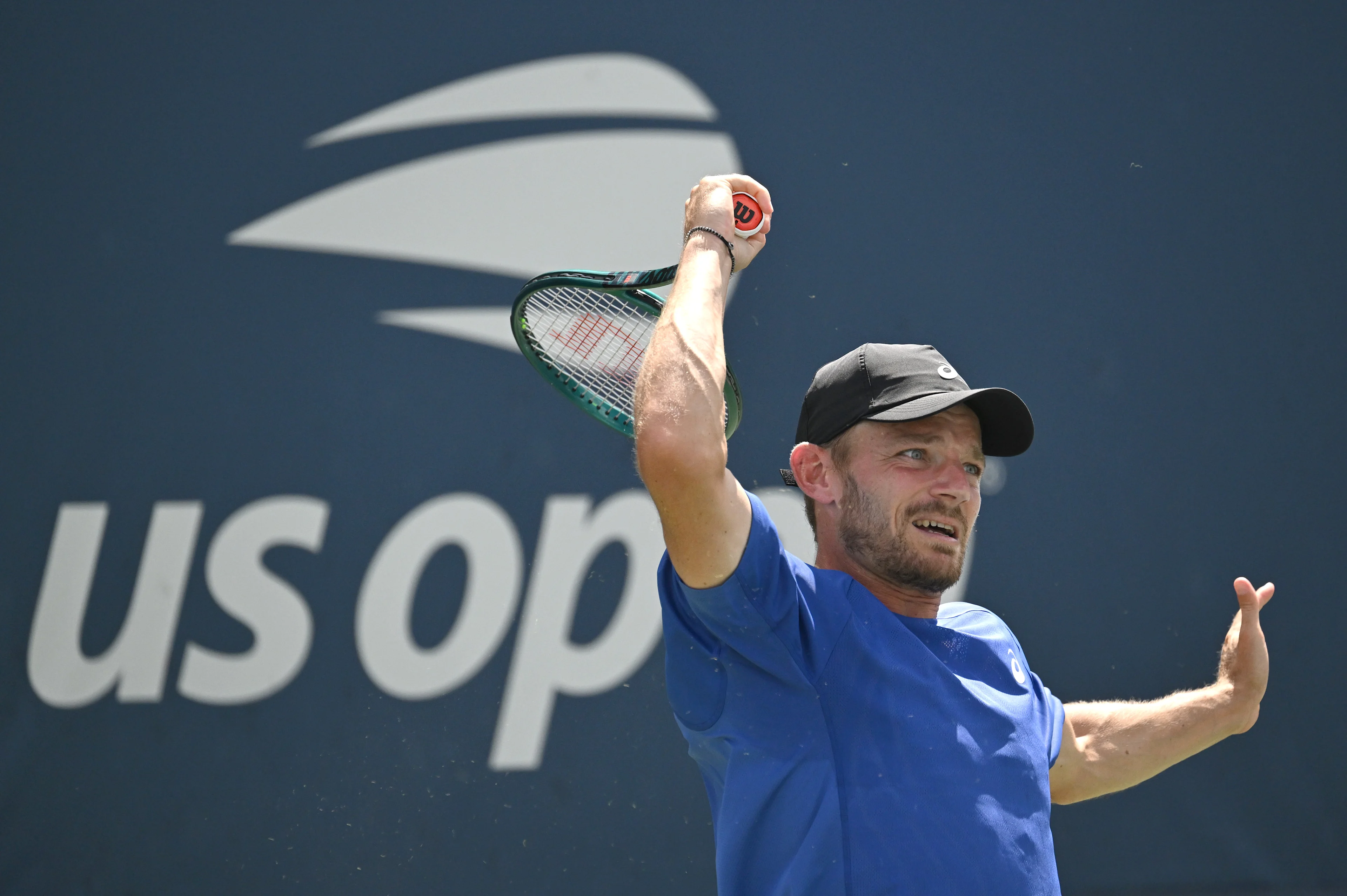 Belgian David Goffin pictured in action during a tennis match against French Halys, in the first round of the men's singles of the 2025 US Open Grand Slam tennis tournament in New York City, USA, Tuesday 26 August 2025. BELGA PHOTO TONY BEHAR