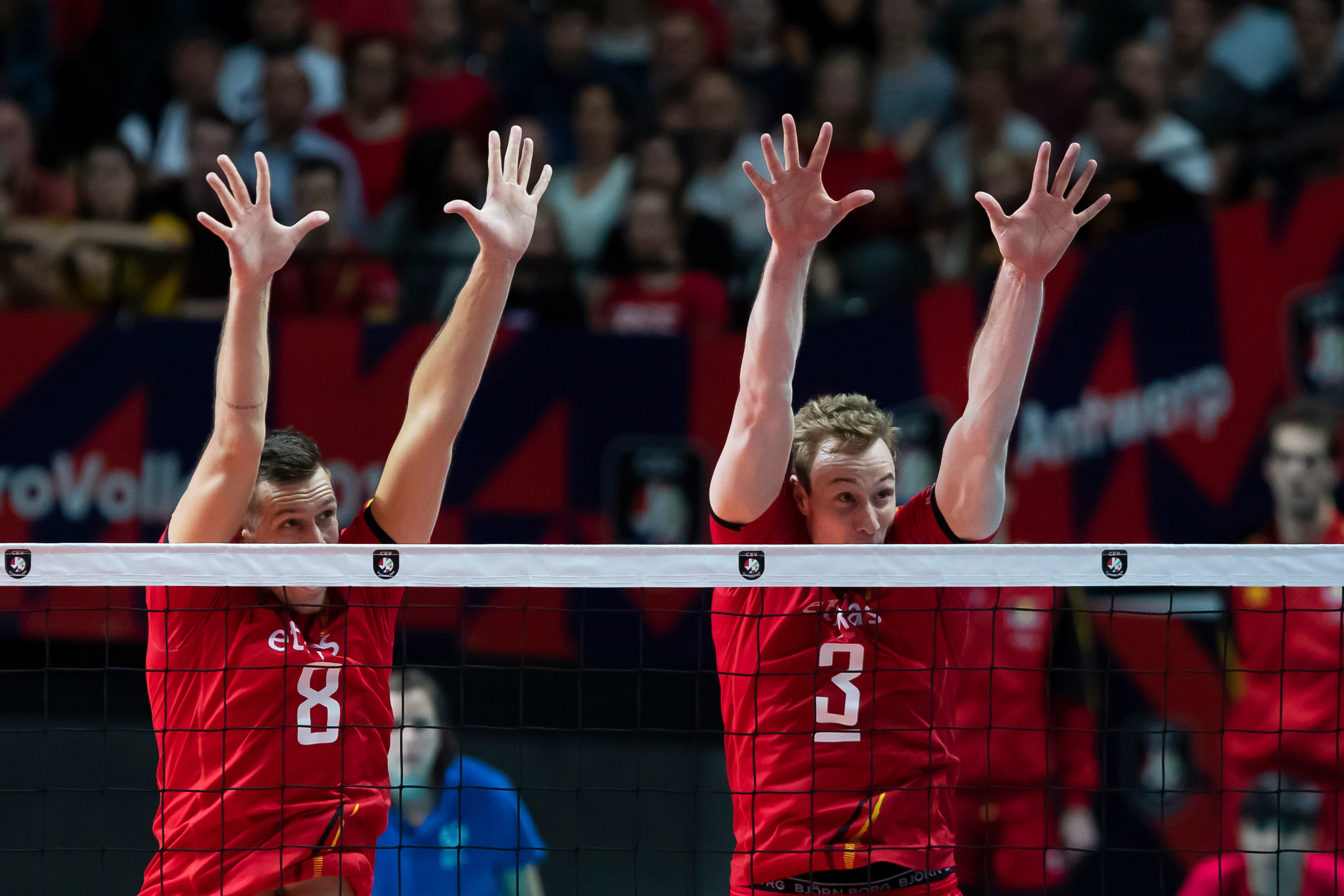 Belgium's Arno Van De Velde and Belgium's Sam Deroo pictured in action during a volleyball game between Belgian national team 'the Red Dragons' and Ukraine, in the 1/8 finals of the European volleyball championships, Saturday 21 September 2019 in Antwerp. BELGA PHOTO KRISTOF VAN ACCOM