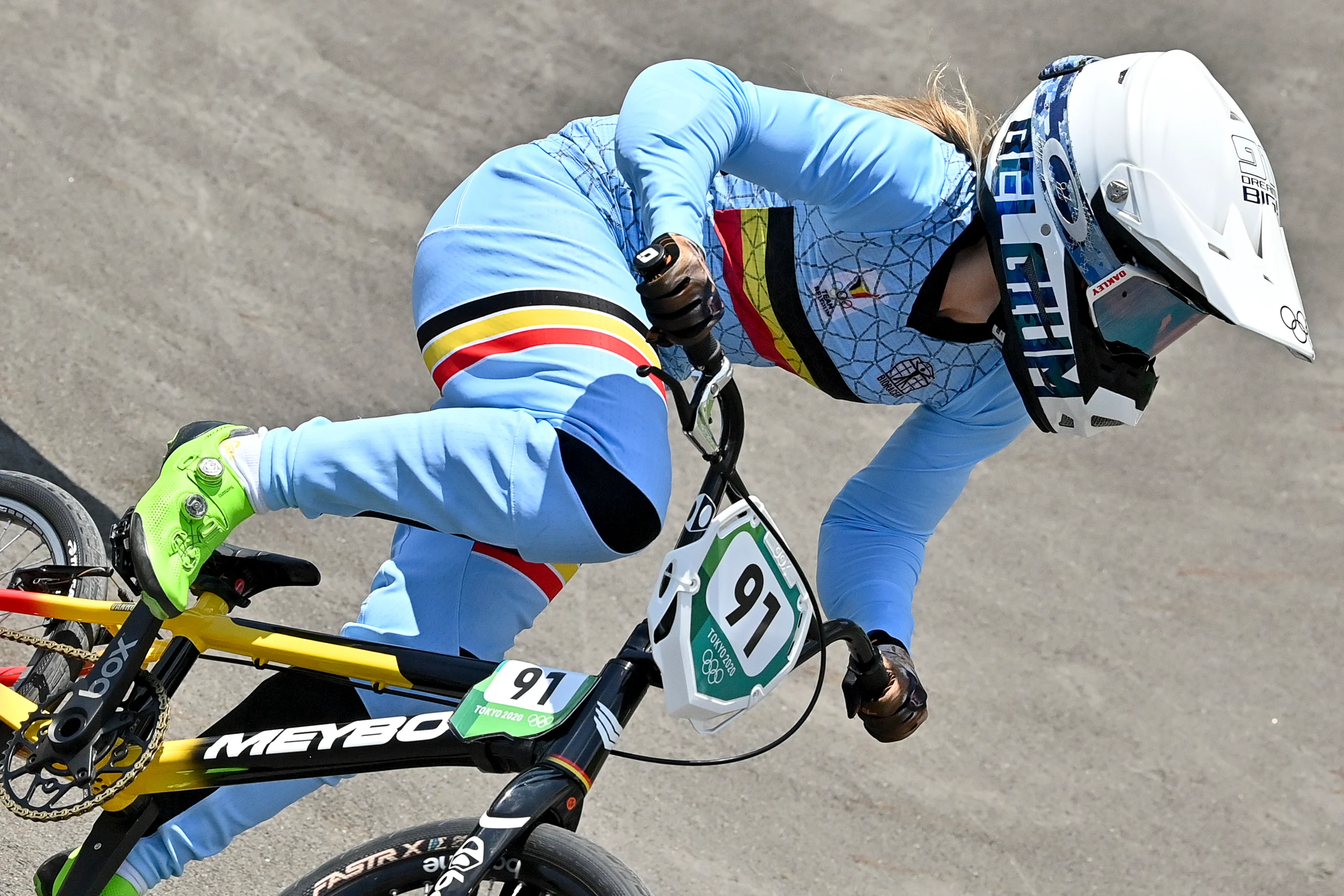 Belgian Elke Vanhoof pictured in action during the quarter finals of the women's BMX cycling competition on the seventh day of the 'Tokyo 2020 Olympic Games' in Tokyo, Japan on Thursday 29 July 2021. The postponed 2020 Summer Olympics are taking place from 23 July to 8 August 2021. BELGA PHOTO DIRK WAEM