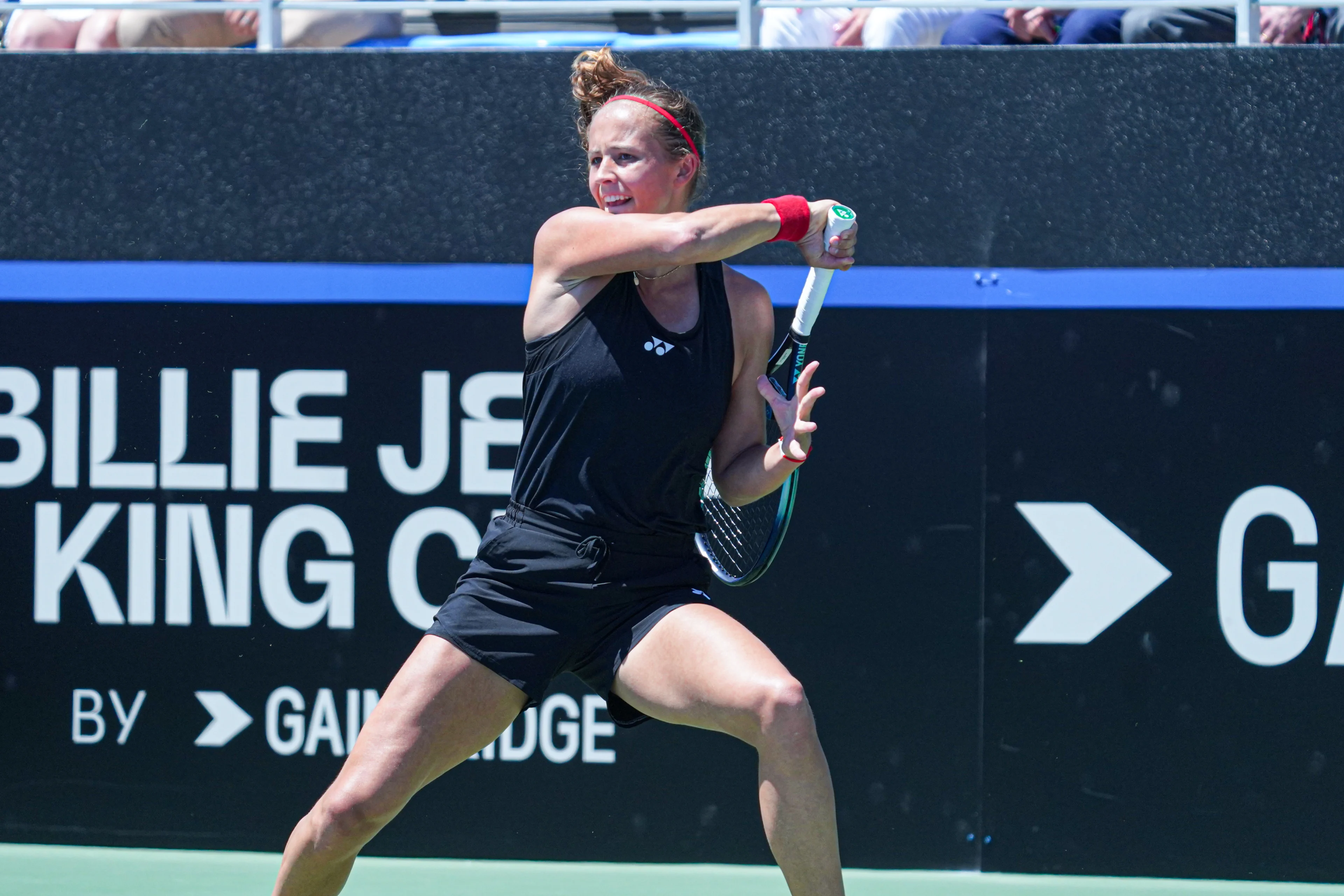 Belgian Hanne Vandewinkel pictured in action during the third match between American Pegula (WTA 5) and Belgian Vandewinkel (WTA 278) on the second day of the meeting between USA and Belgium, in the qualification round in the world group for the final of the Billie Jean King Cup tennis, in Orlando, Florida, USA, on Saturday 13 April 2024. BELGA PHOTO MARTY JEAN LOUIS